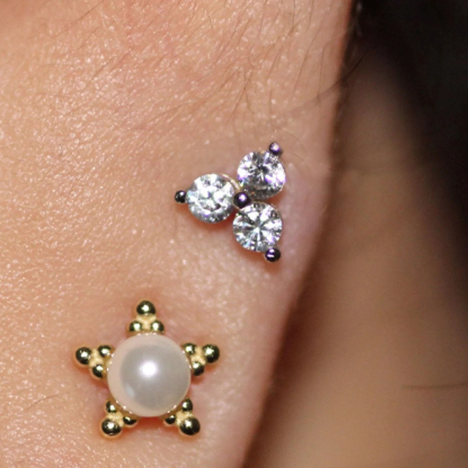 Handmade 14K gold trio diamond studs – perfect gift for wife, fiancée, or loved one