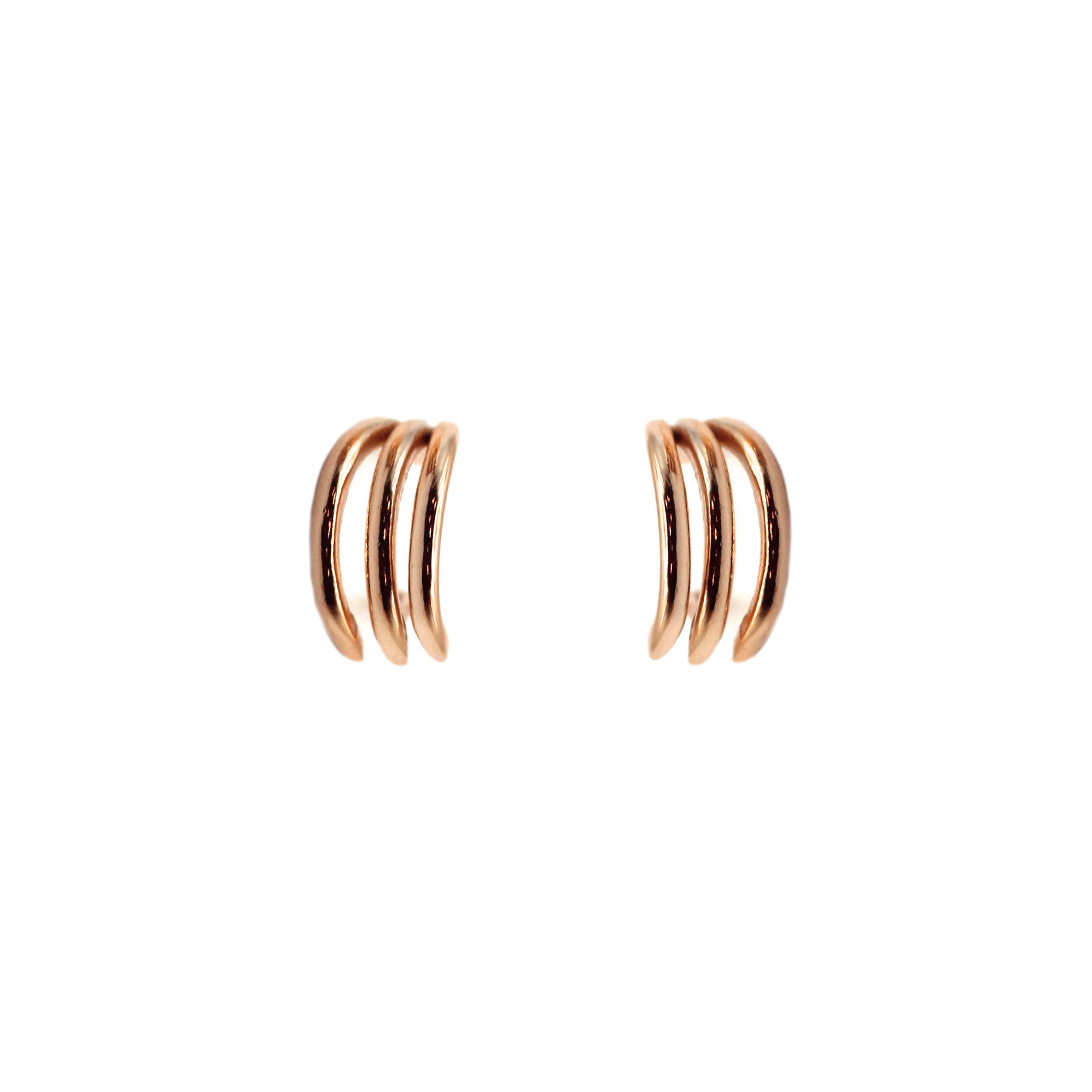 14K Three-Layer Line Huggie Gold Earrings – minimalist triple-band design in solid yellow gold