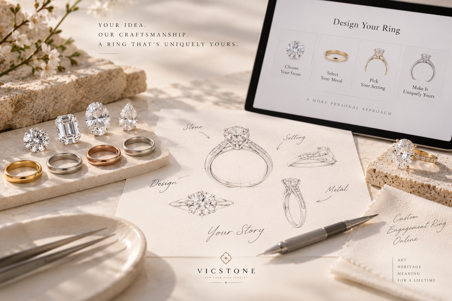 Custom lab-grown diamond engagement ring design by VicStoneNYC, showing diamond, precious metal, setting, and personalized ring options available online.