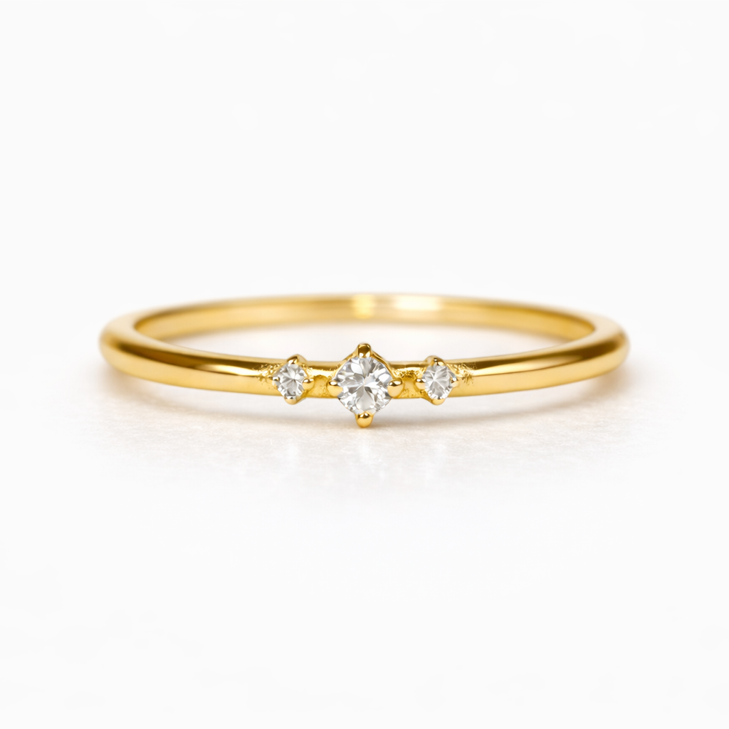 Elegant minimalist diamond ring in 14K solid gold featuring three sparkling lab grown diamonds, crafted by VicStoneNYC Fine Jewelry.