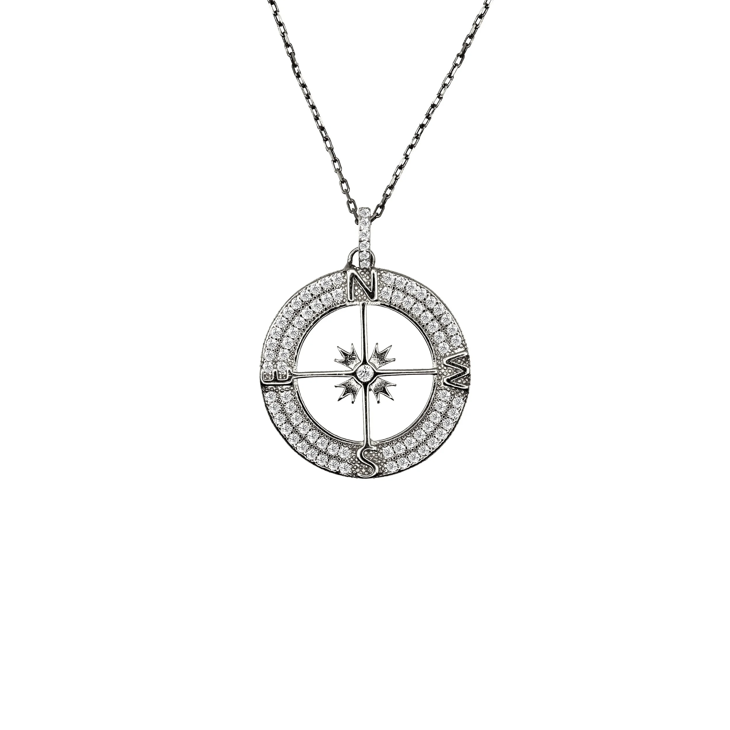 Handcrafted 14K Gold Compass Pendant Necklace with Natural Diamonds