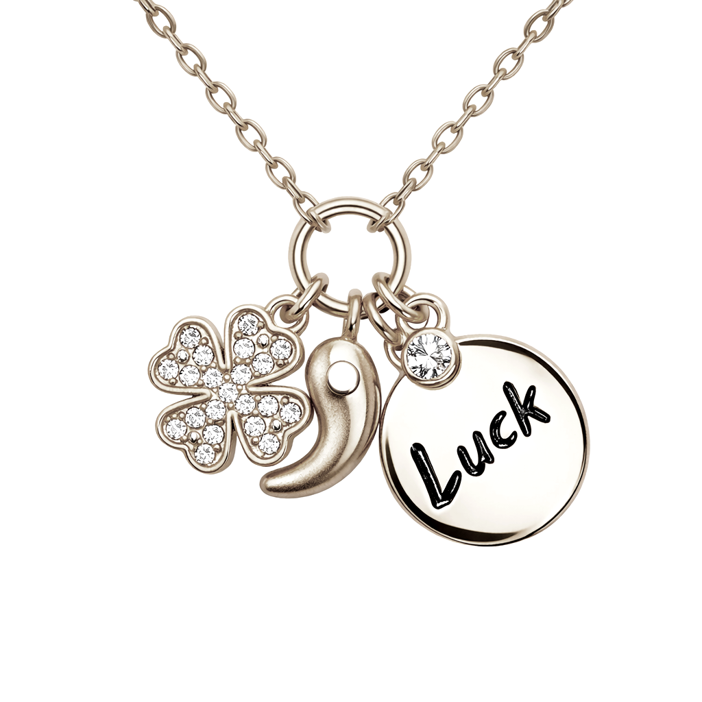 dainty good luck necklace with clover charm and round disc pendant by VicStoneNYC Fine Jewelry