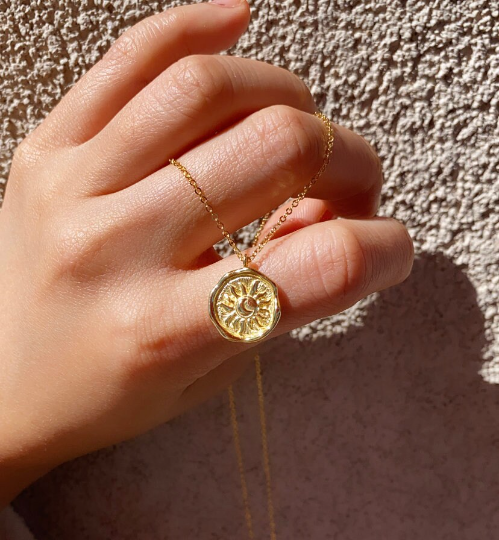 VicStoneNYC designer 14K gold sun & moon necklace, 15mm charm, sustainable handcrafted jewelry