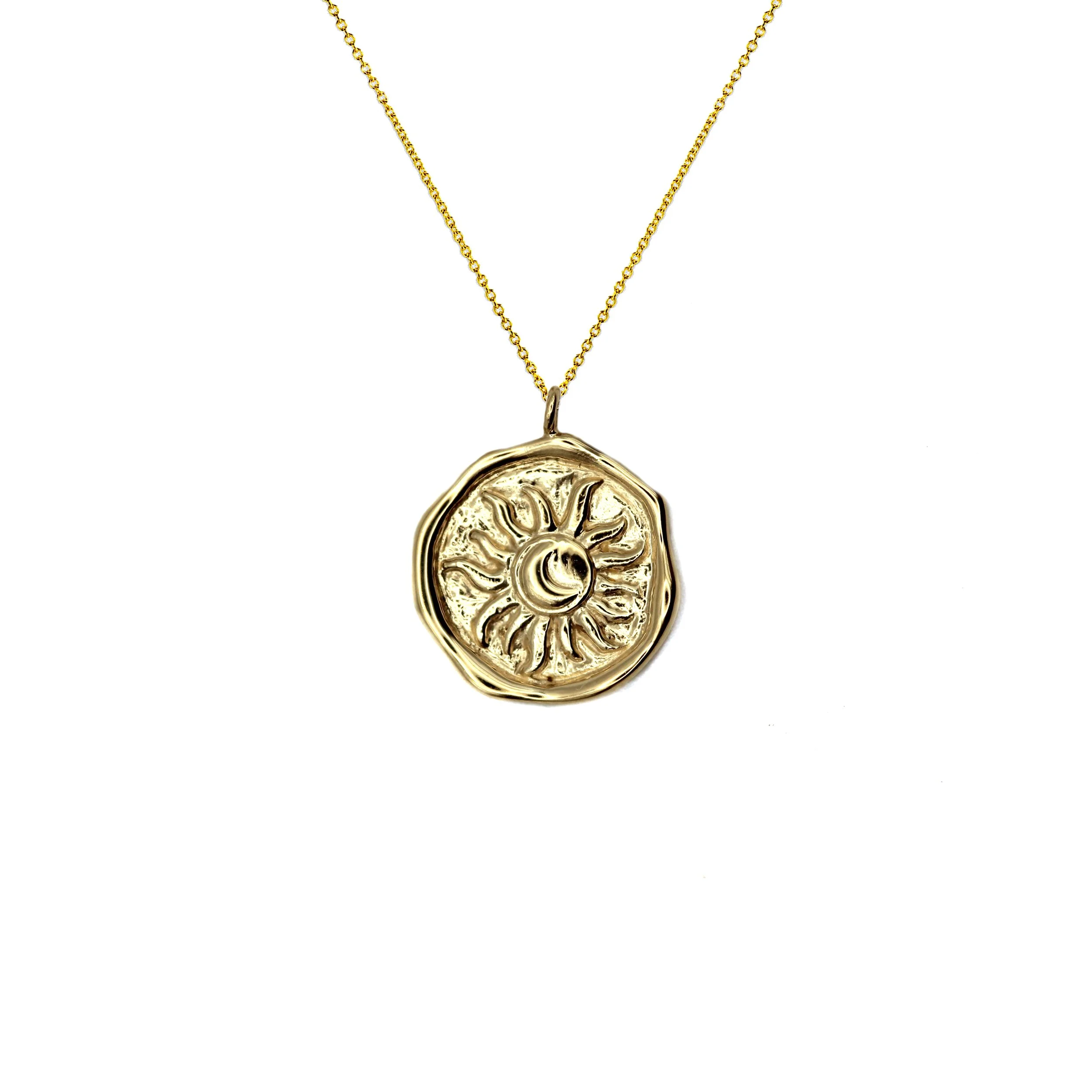 VicStoneNYC 14K gold sun and moon necklace – handmade celestial jewelry in yellow, white, or rose gold