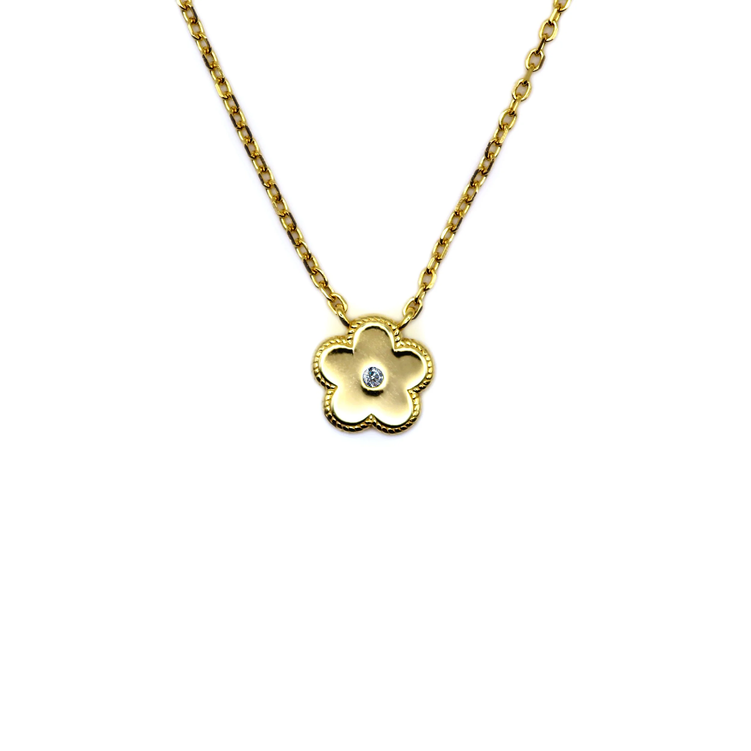 Dainty flower pendant necklace in solid gold with tiny diamond – everyday elegant jewelry