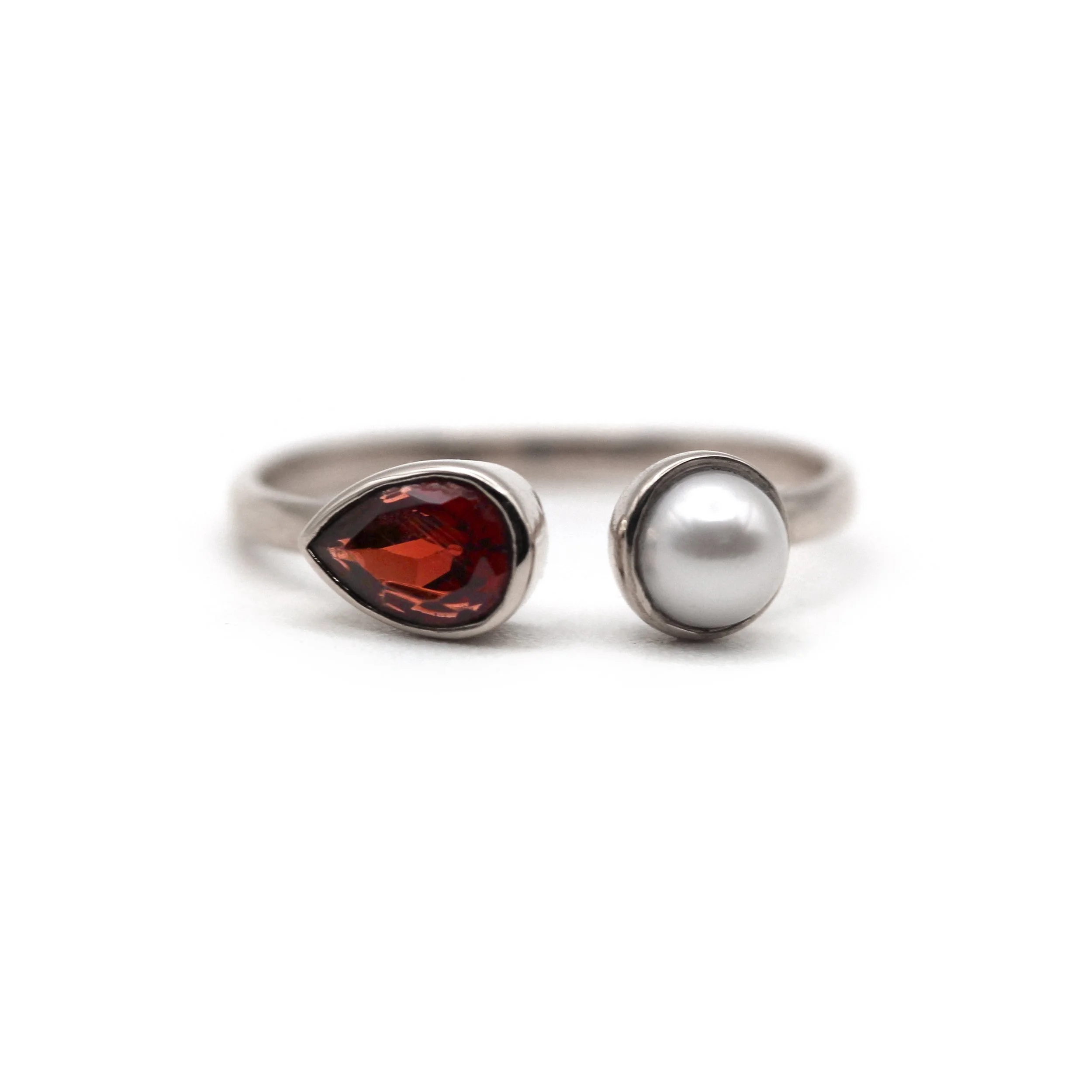 14K Garnet with Pearl Yellow Gold Open Cuff Ring