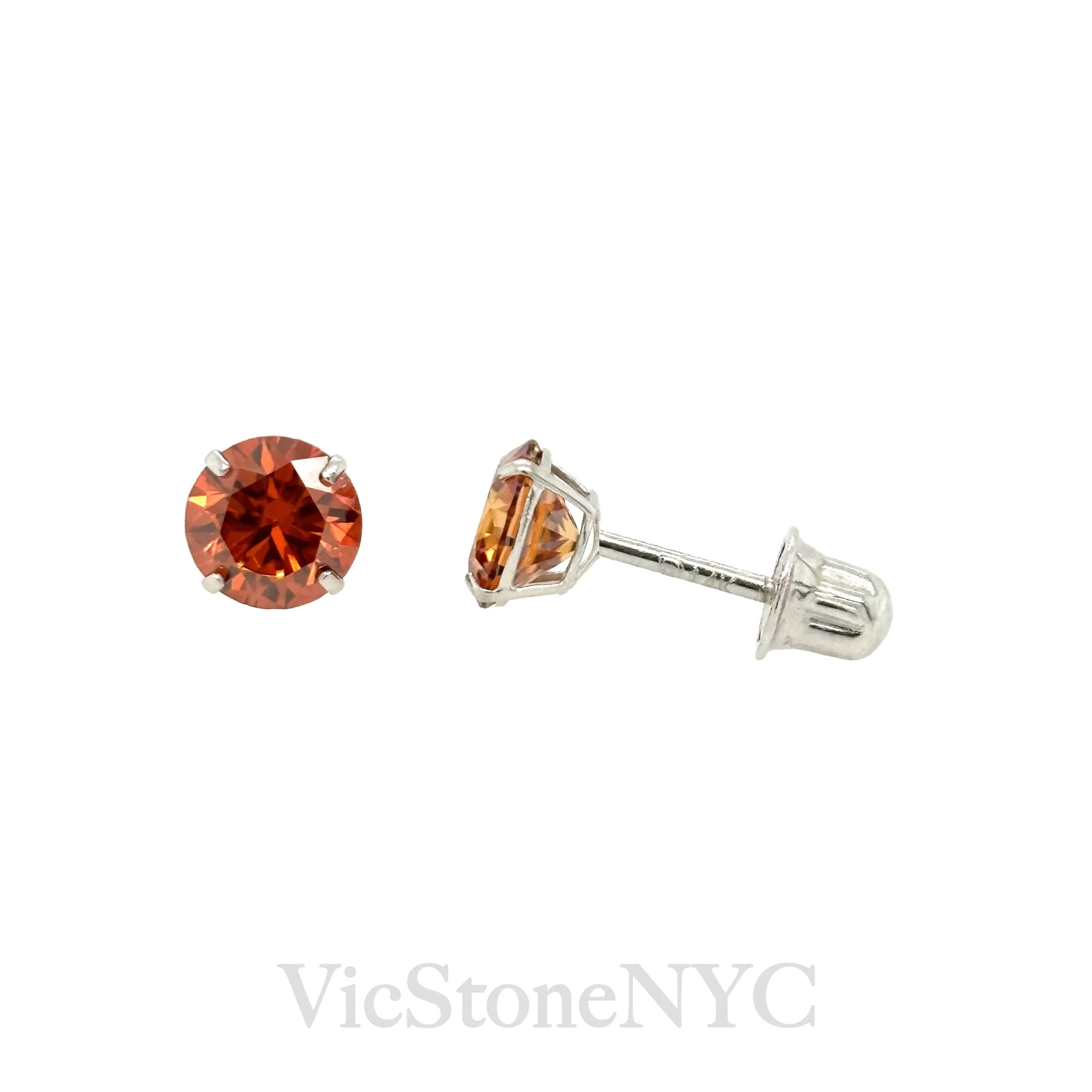 4mm red moissanite stud earrings in 14k yellow gold with screw back