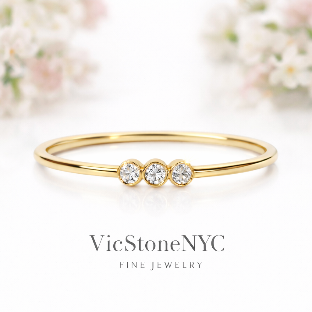 14K Gold Trio Tiny Natural Diamond Ring
