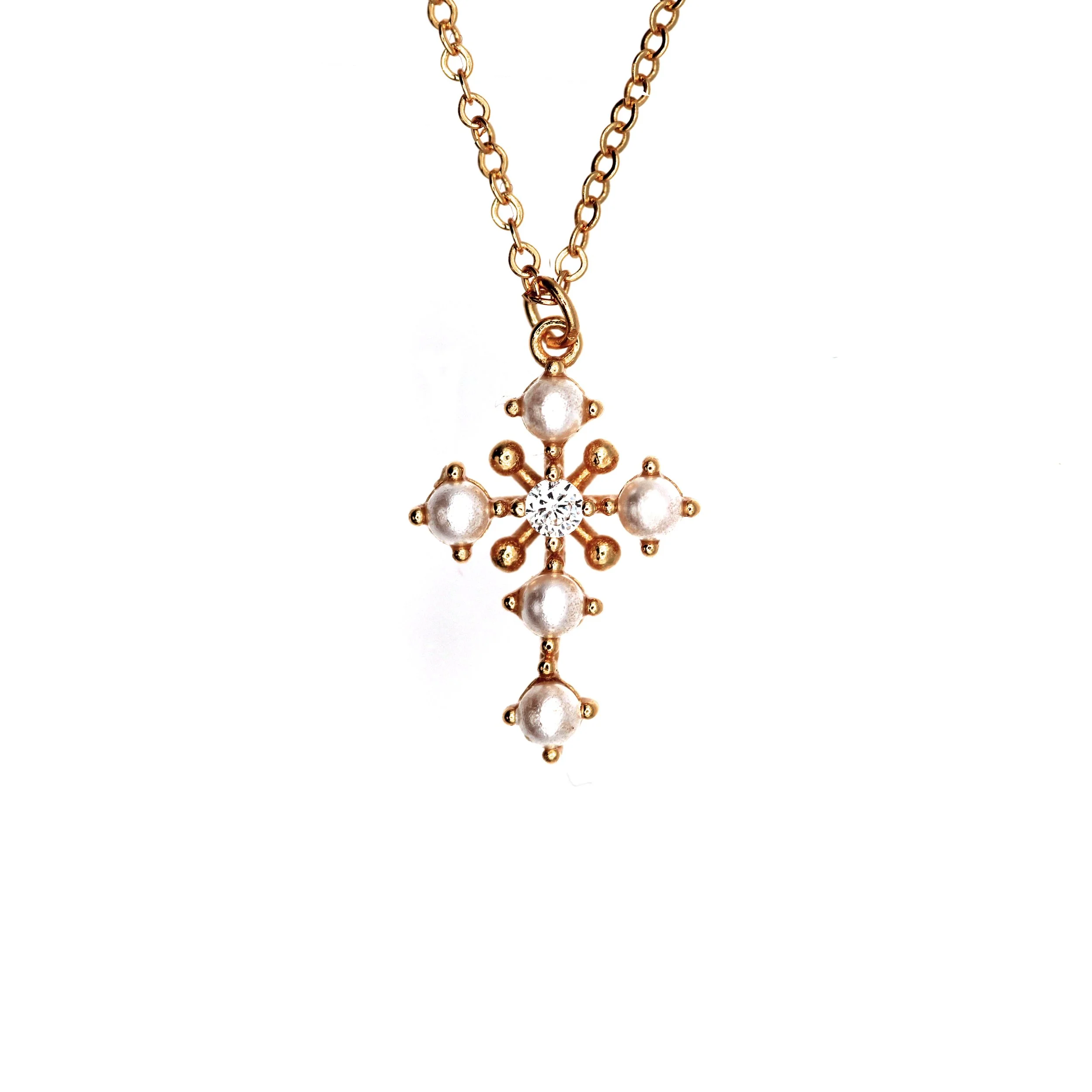 Luxury 14K Gold Diamond and Pearl Cross Pendant – Handmade in NYC