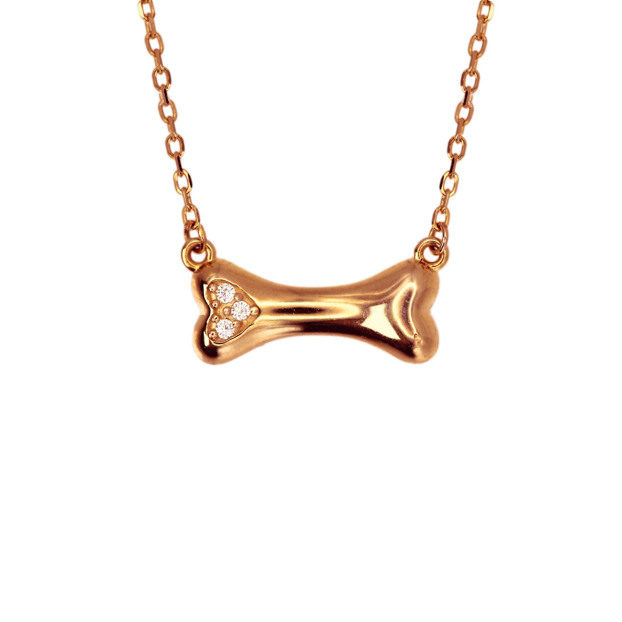 Handcrafted Dog Bone Necklace with Diamonds in 14K Gold