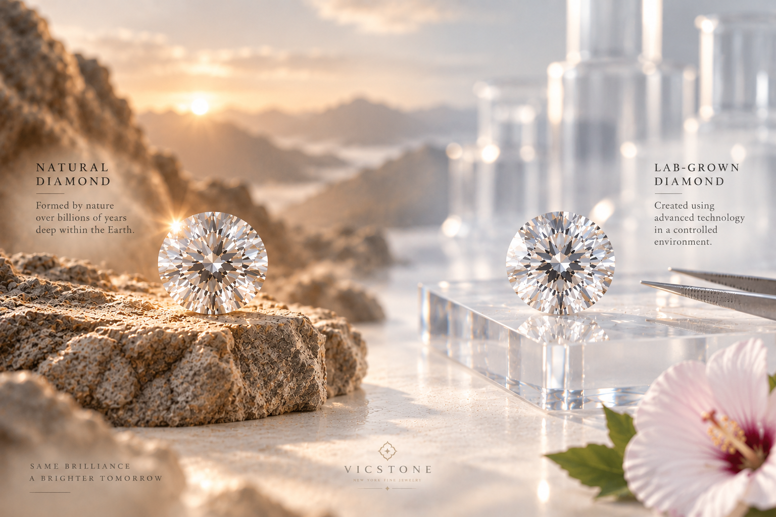 Natural diamond and lab-grown diamond comparison by VicStoneNYC, showing the different origins of natural and lab-created diamonds.