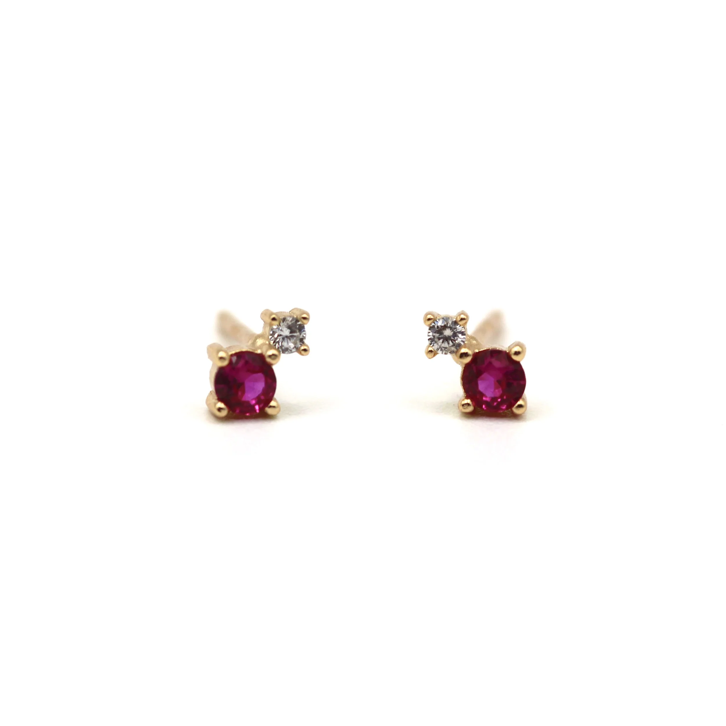 Handcrafted 14K gold stud earrings with 4mm ruby and 2mm diamond