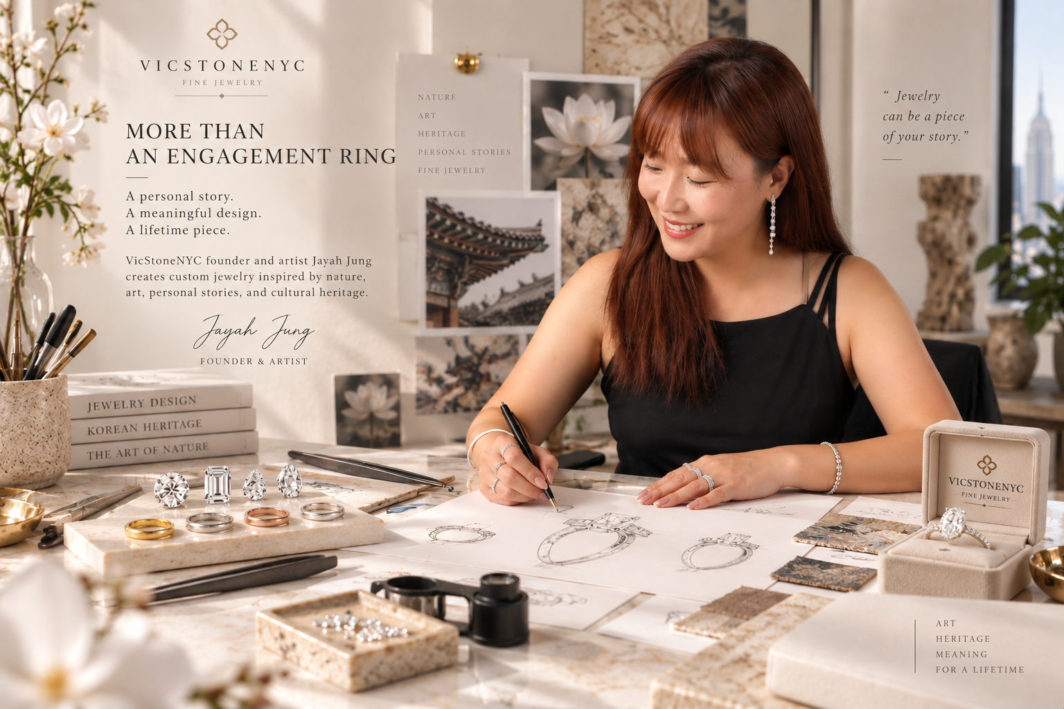 VicStoneNYC founder and artist Jayah Jung creating a custom lab-grown diamond engagement ring, surrounded by diamond selections, precious metal samples, jewelry sketches, and artistic references inspired by nature and Korean heritage.