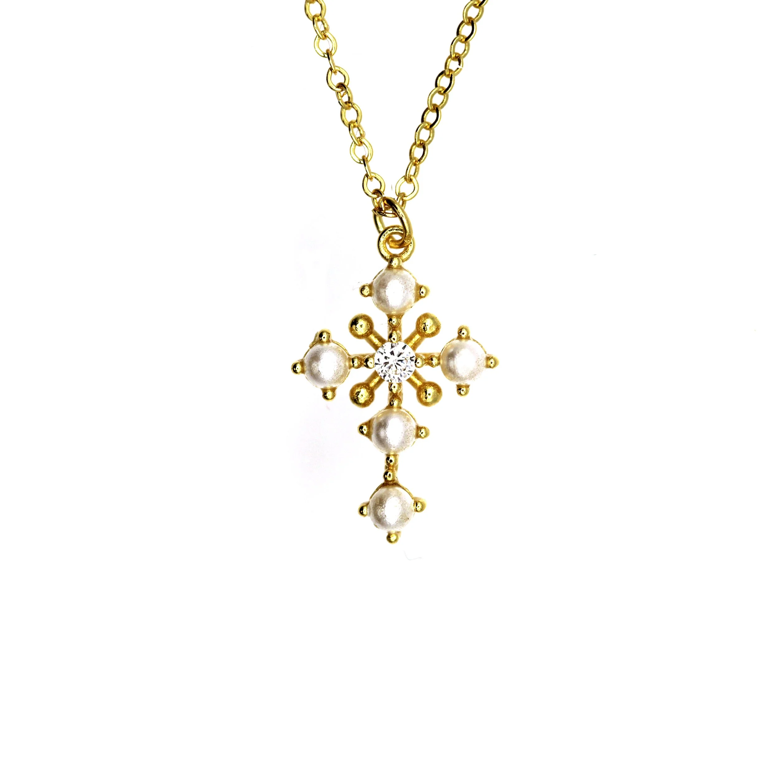 Handcrafted 14K Gold Cross Necklace with Natural Diamonds & Pearls