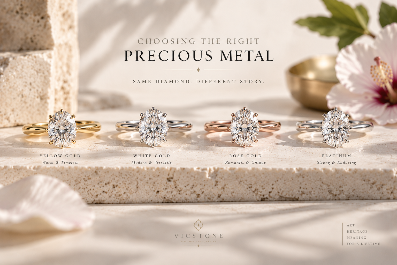 Diamond engagement rings in yellow gold, white gold, rose gold, and platinum by VicStoneNYC, comparing precious metal options for engagement rings.