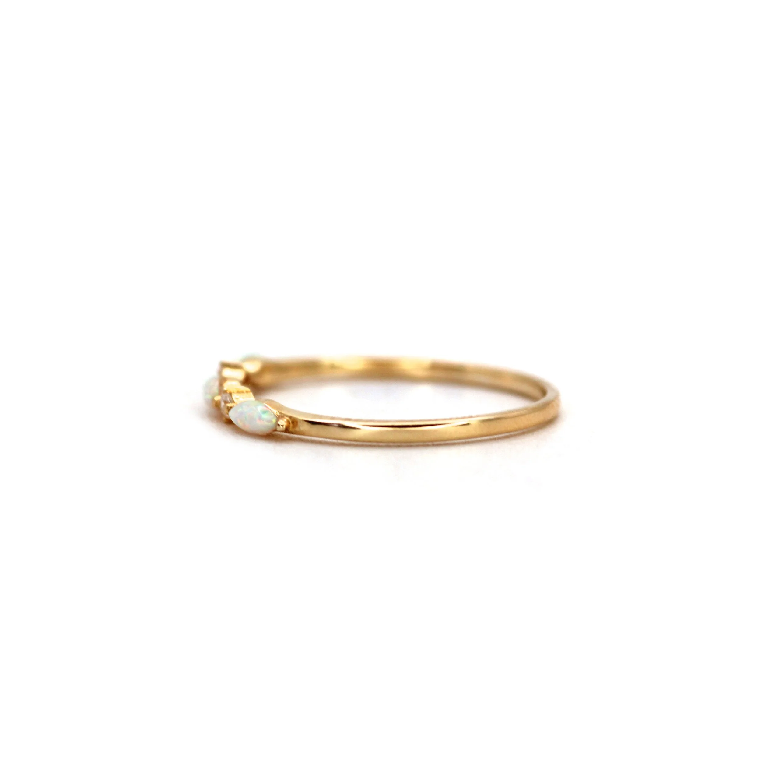 dainty solid gold ring with opals and VS1 diamonds, wedding band