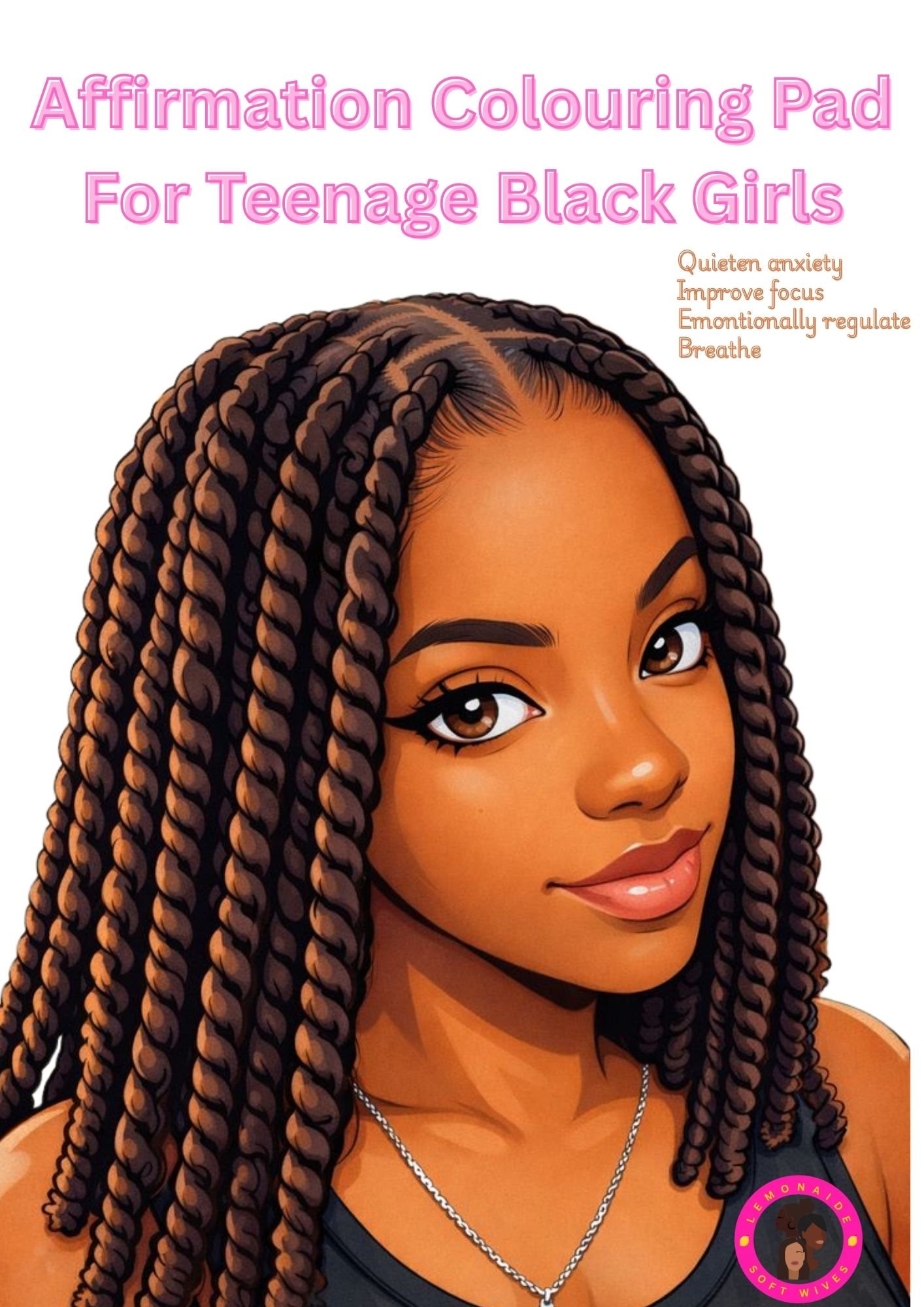 Close-up of a woman with dark brown skin and long braided hair. She is smiling softly, wearing a black top, silver necklace, and has natural makeup. There is a round pink logo with black cartoon women and the text 'Lemonade Soft Wives' in the bottom corner.