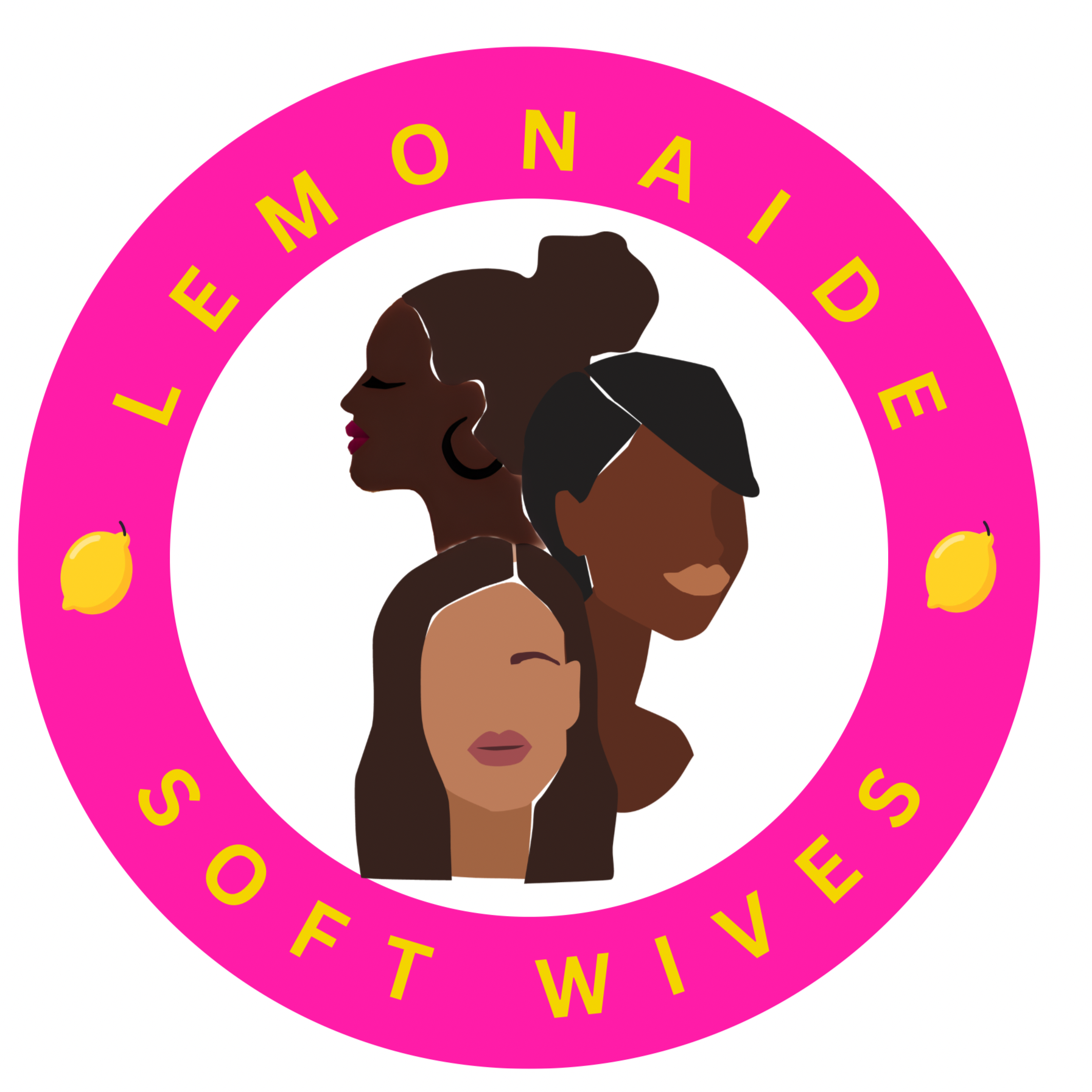 Graphic design featuring the silhouettes of three women's faces in profile, layered over each other, with a pink circular border containing yellow letters spelling out irregularly the alphabet and images of lemons.