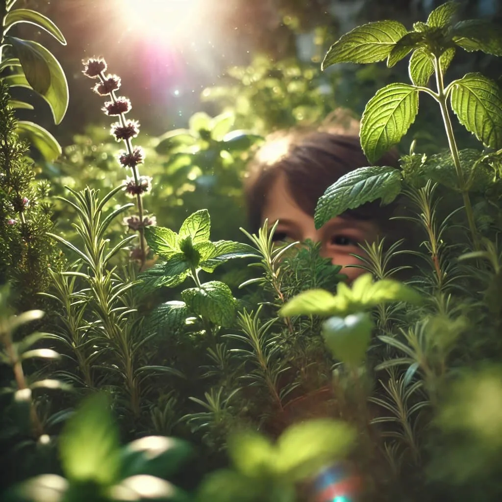 Child peeking through lush green foliage in a garden with sunlight filtering through leaves.