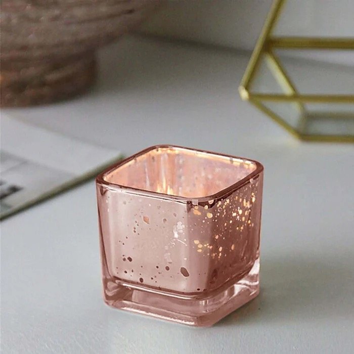 Rose Gold Mercury Glass Votive, Rose Gold Square Votive