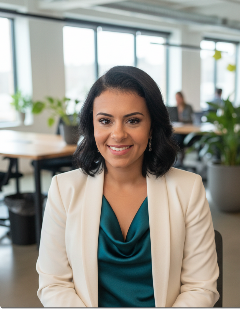 A woman with shoulder-length dark hair and earrings, smiling and sitting in a modern office with large windows and green plants in the background.