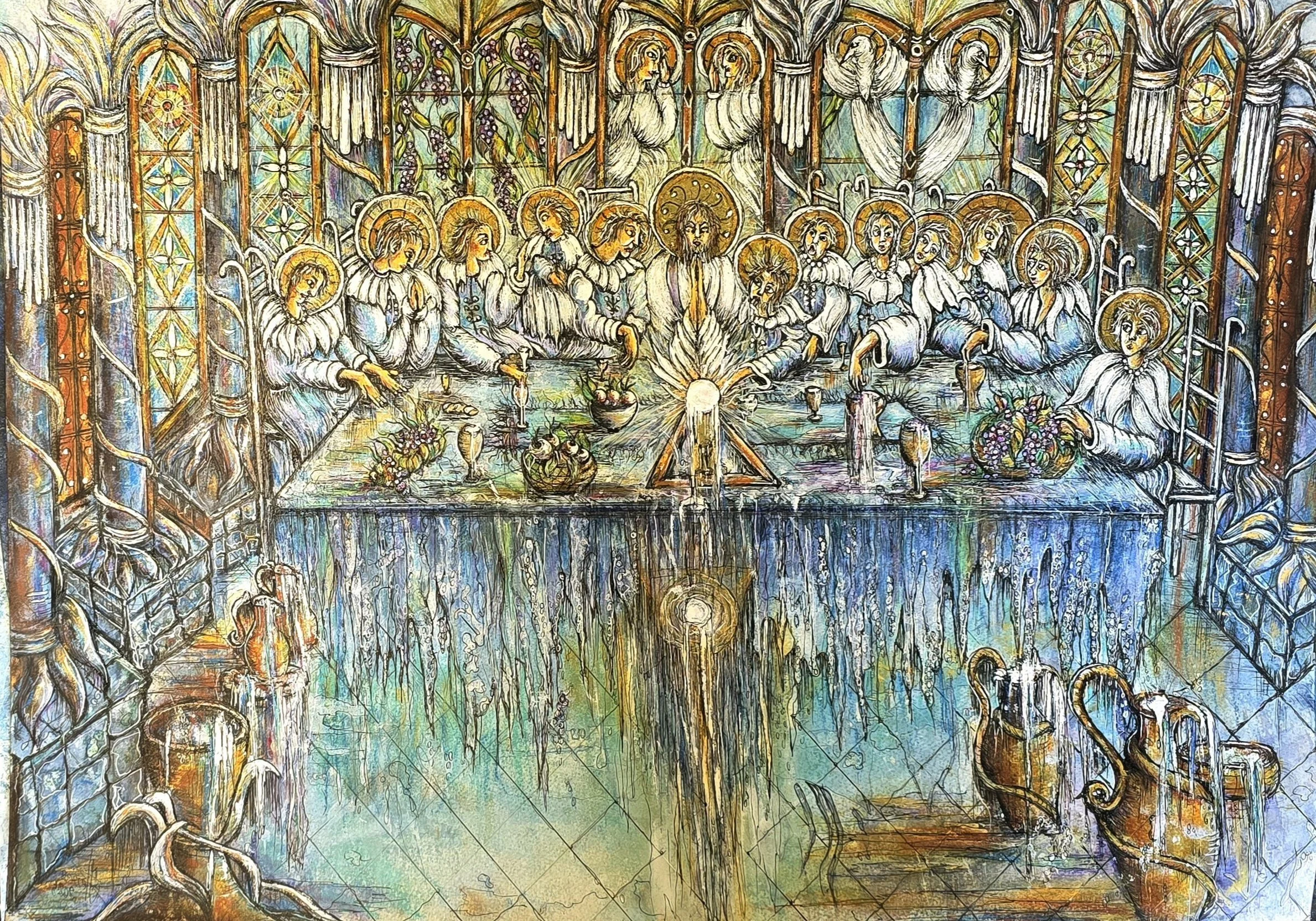 Colorful stained glass illustration of The Last Supper with Jesus and his twelve apostles seated around a long table.