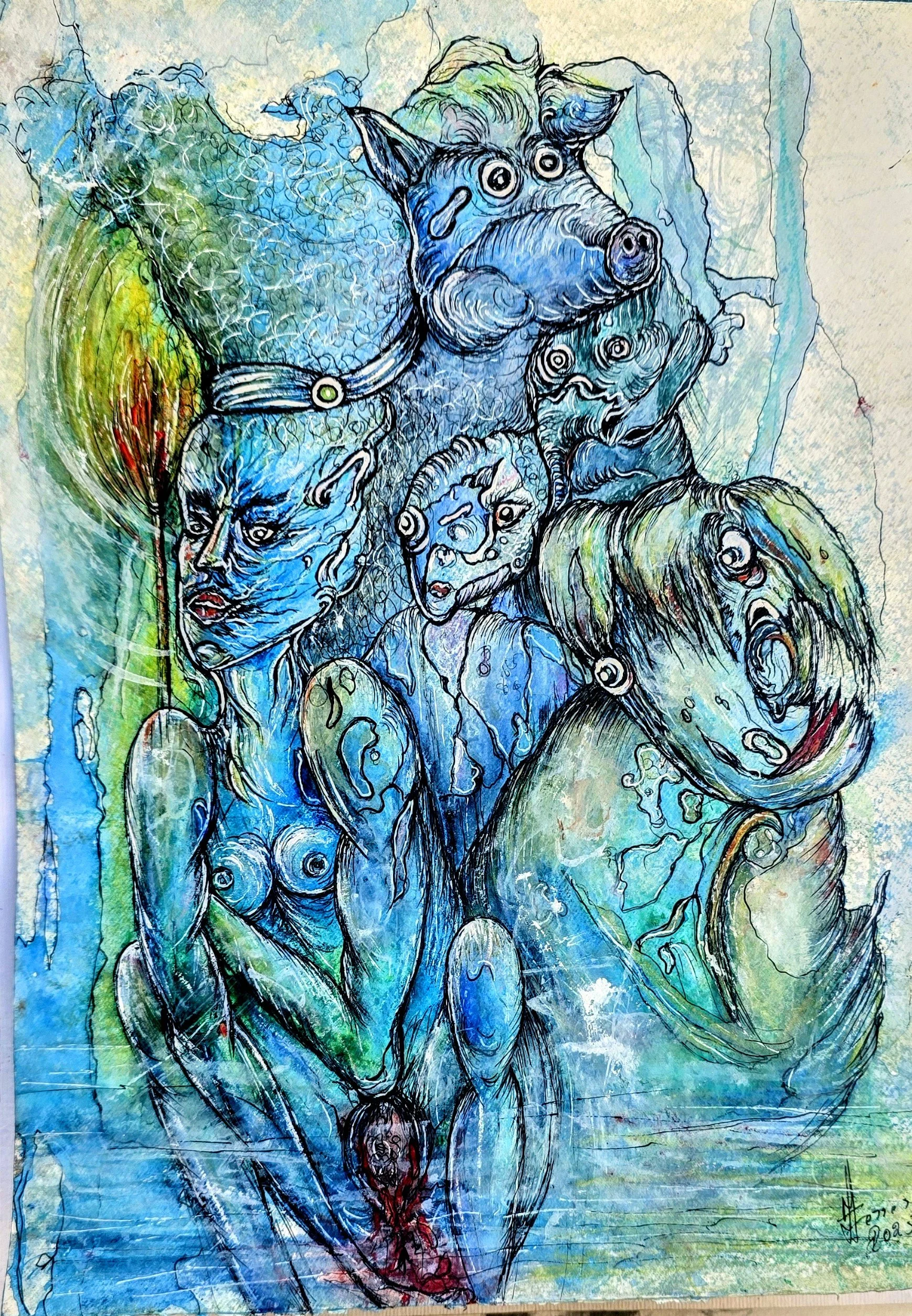 A colorful abstract illustration of various fantasy creatures and characters with exaggerated features and expressive faces.