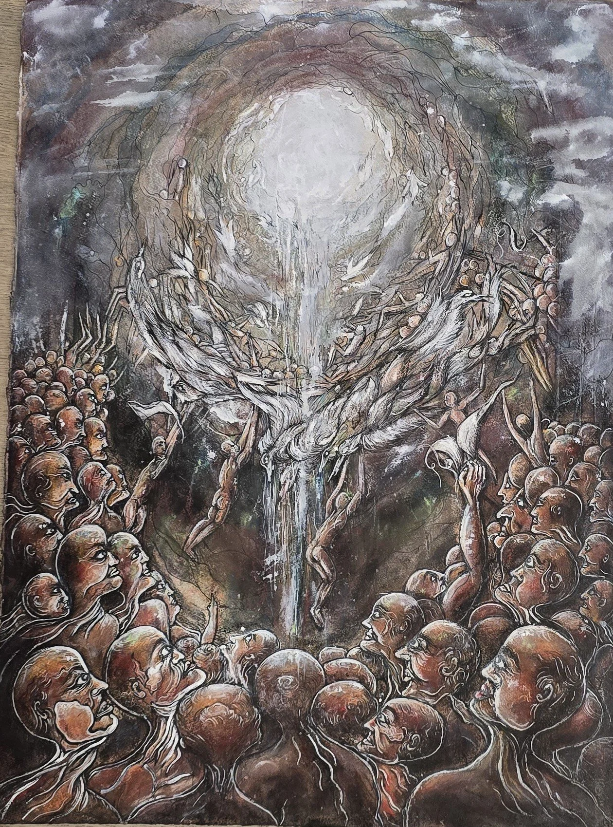 A painting depicting a large group of people with diverse facial expressions and bald heads, gathered around a central figure of a crucified Jesus Christ on the cross, with a bright light or divine energy emanating above.