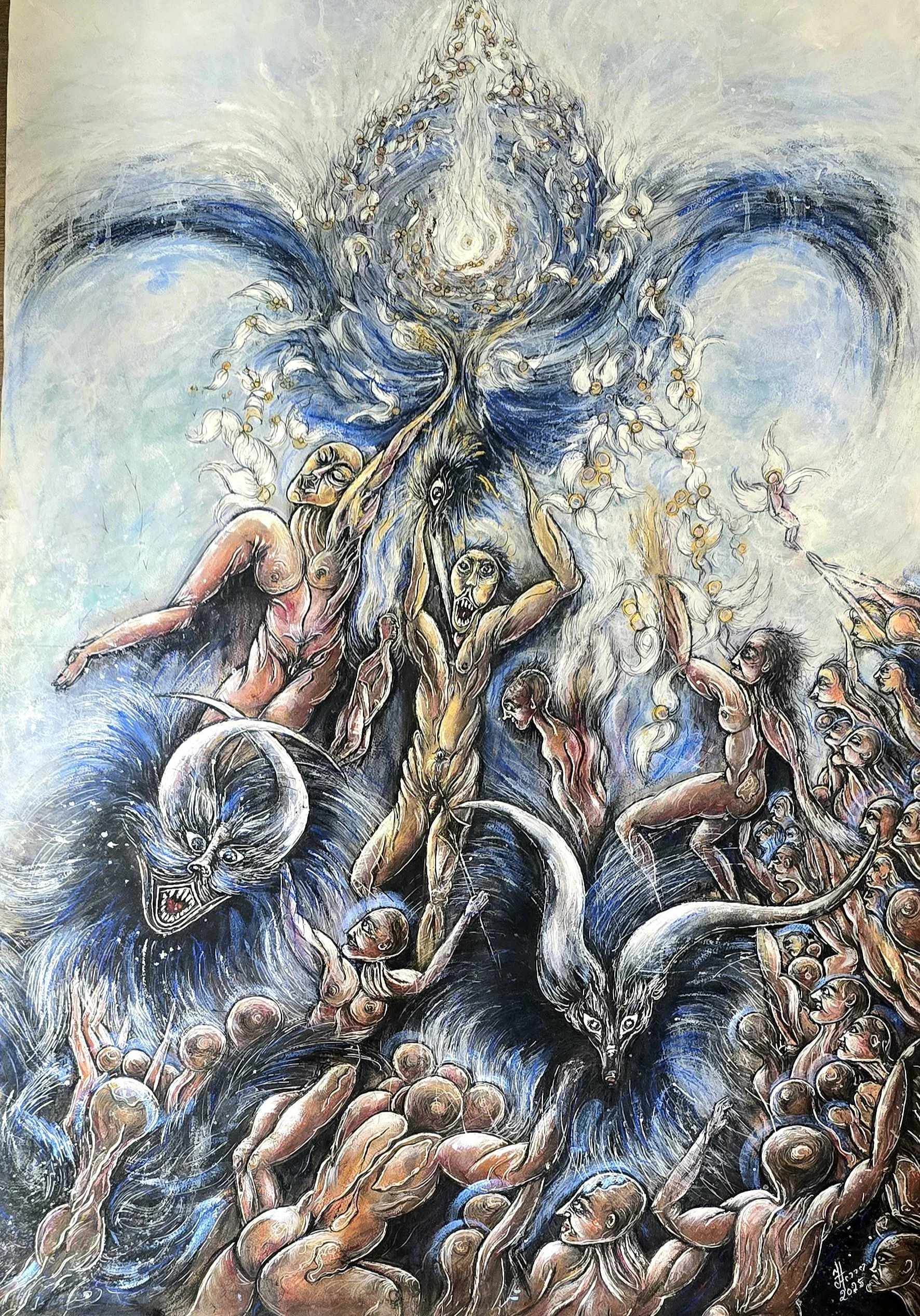 A surreal and chaotic painting featuring naked human figures, some with animal features, fighting and struggling among swirling water, clouds, and mythical creatures like a dragon and a fox with wings.