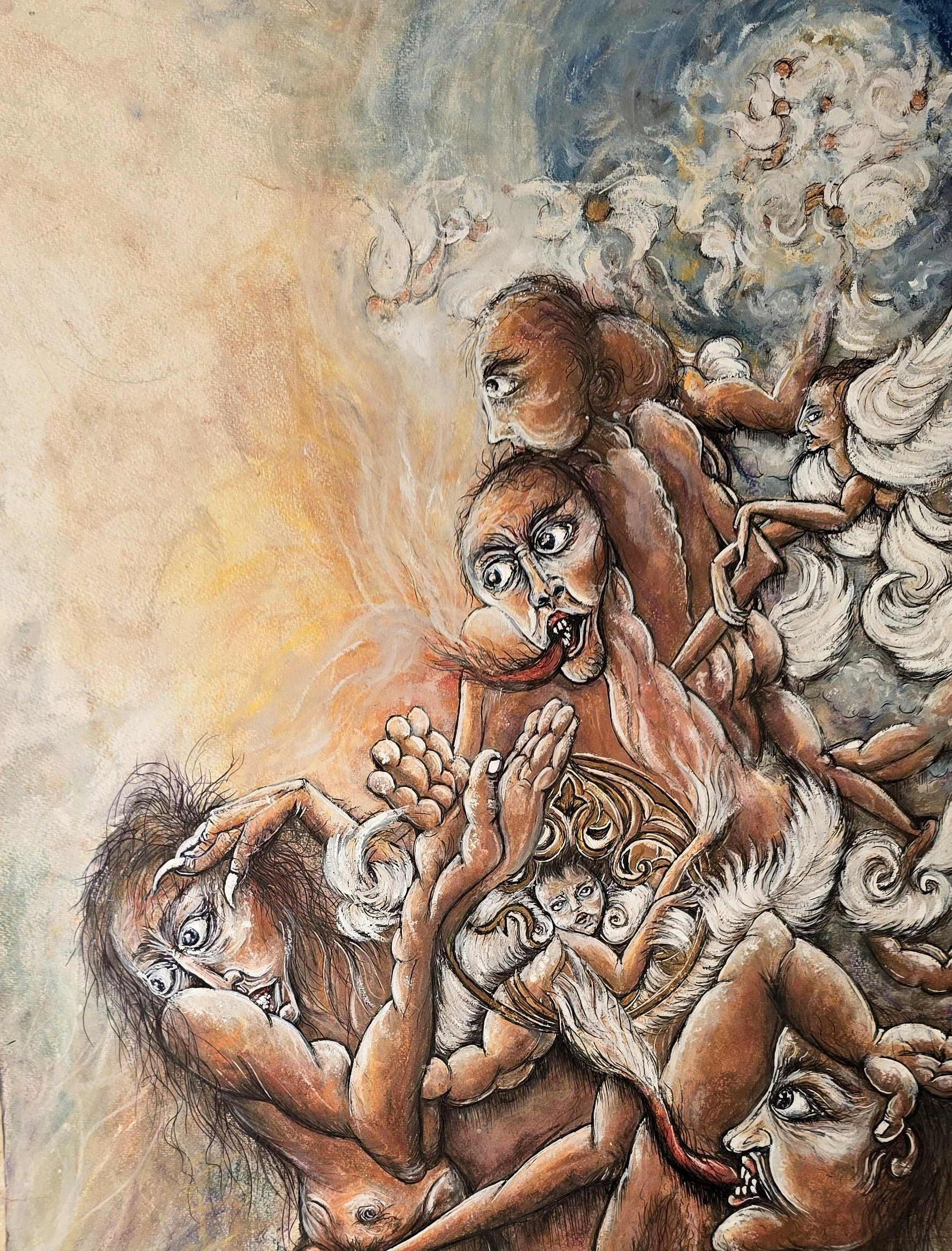 A surreal, chaotic painting depicting multiple human-like figures with exaggerated facial expressions and large eyes, intertwined amidst swirling clouds and fire, with a dramatic and intense atmosphere.