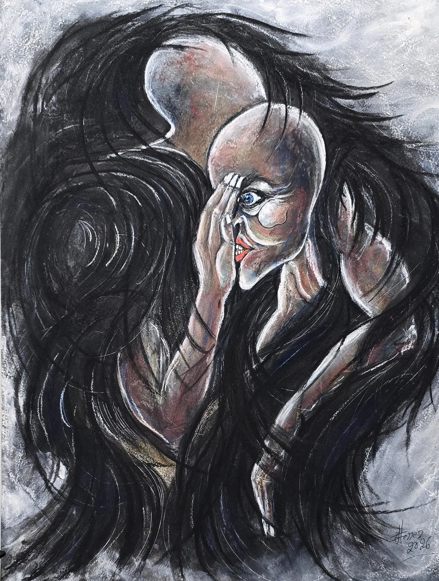 An abstract painting of a woman with long black hair covering most of her face, holding her forehead with one hand, with an intense expression and a detailed blue eye visible. The background is gray with swirling brushstrokes.