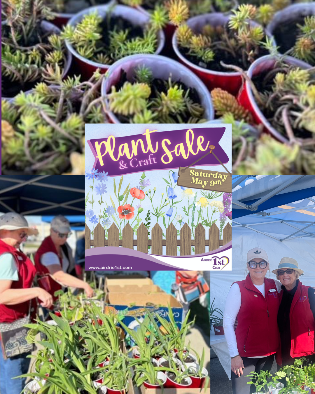Picture of pants in side red plastic cups on the top half of the picture. The bottom half of the picture has women shopping in red vests and hats, and two women in red vests posing for the camera smiling in front of plants. In the middle show an ad.