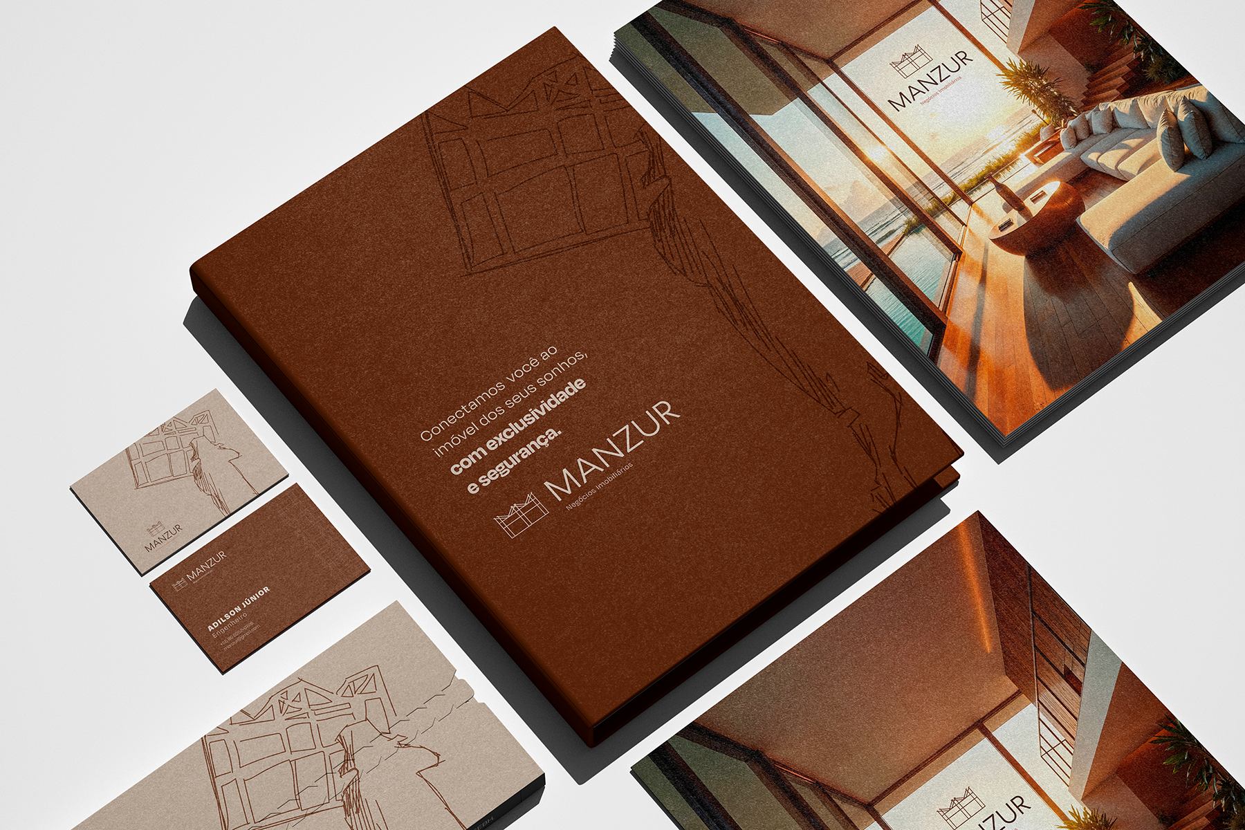 cartão de visita e revista do cliente Manzur