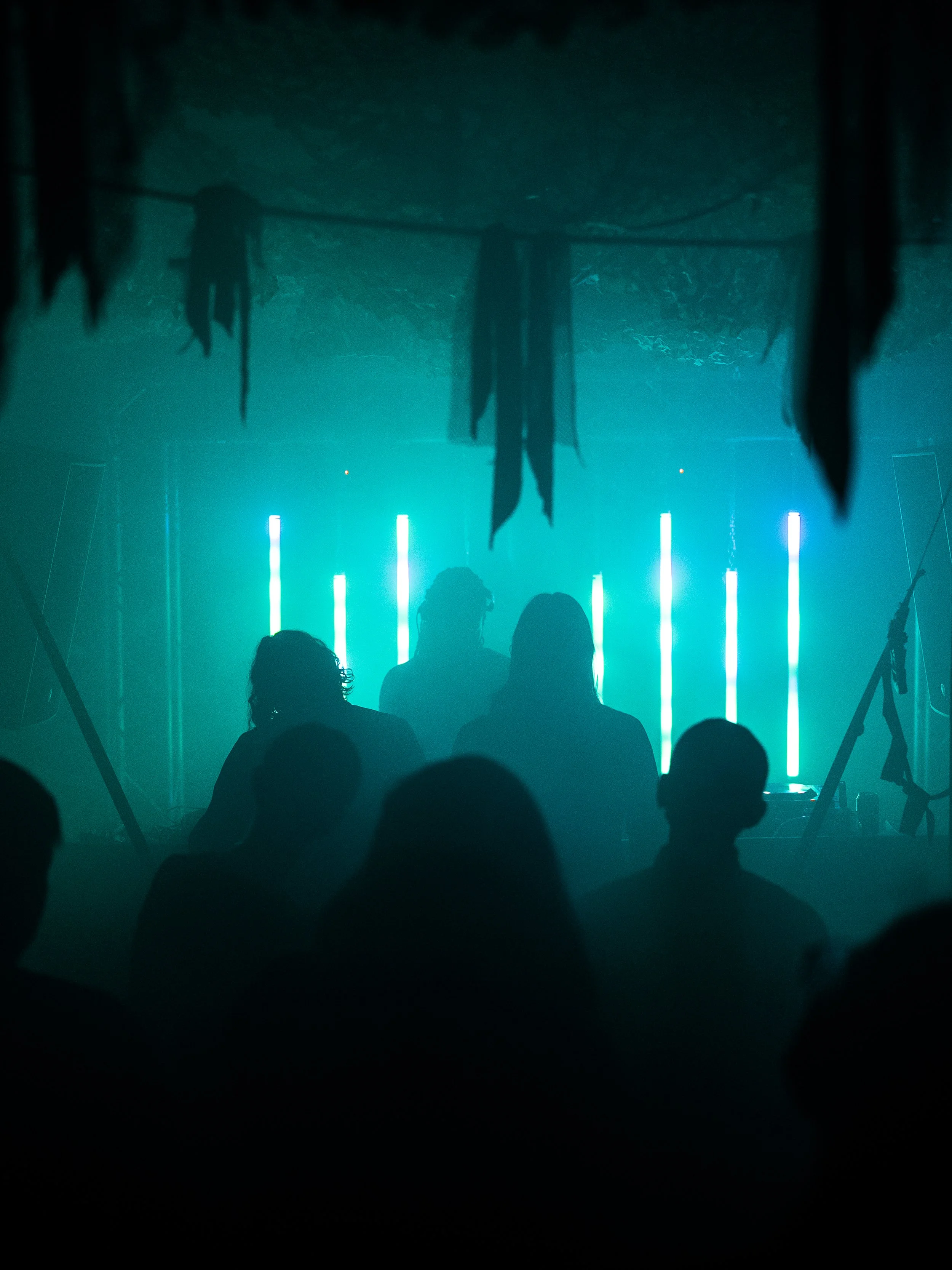 Silhouettes of people attending a concert or party with blue neon lights and hanging decorations in a dark, smoky environment.
