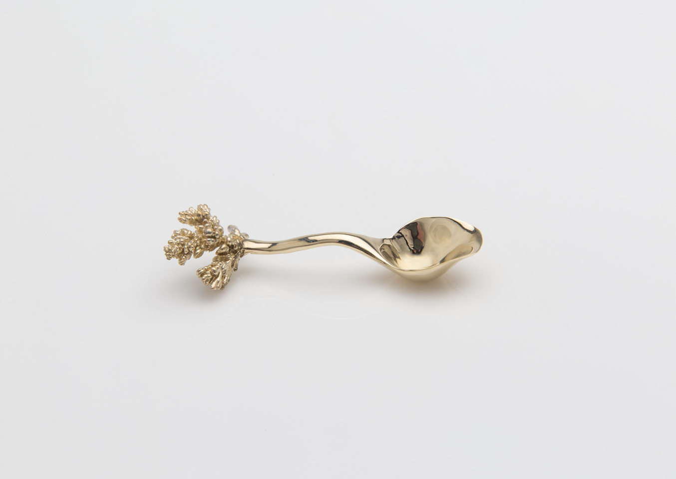 Ornate gold spoon with a decorative handle on a white background.
