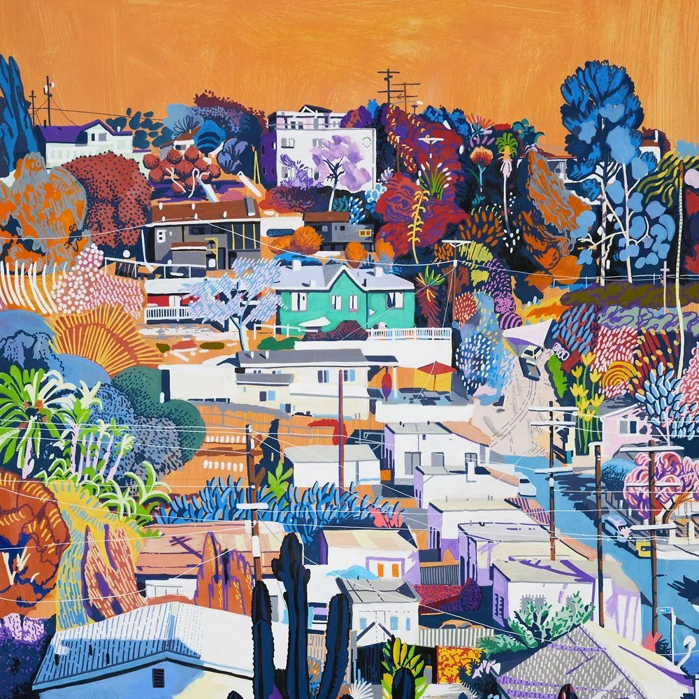 Colorful abstract painting of a hilly neighborhood with houses, trees, and vegetation.
