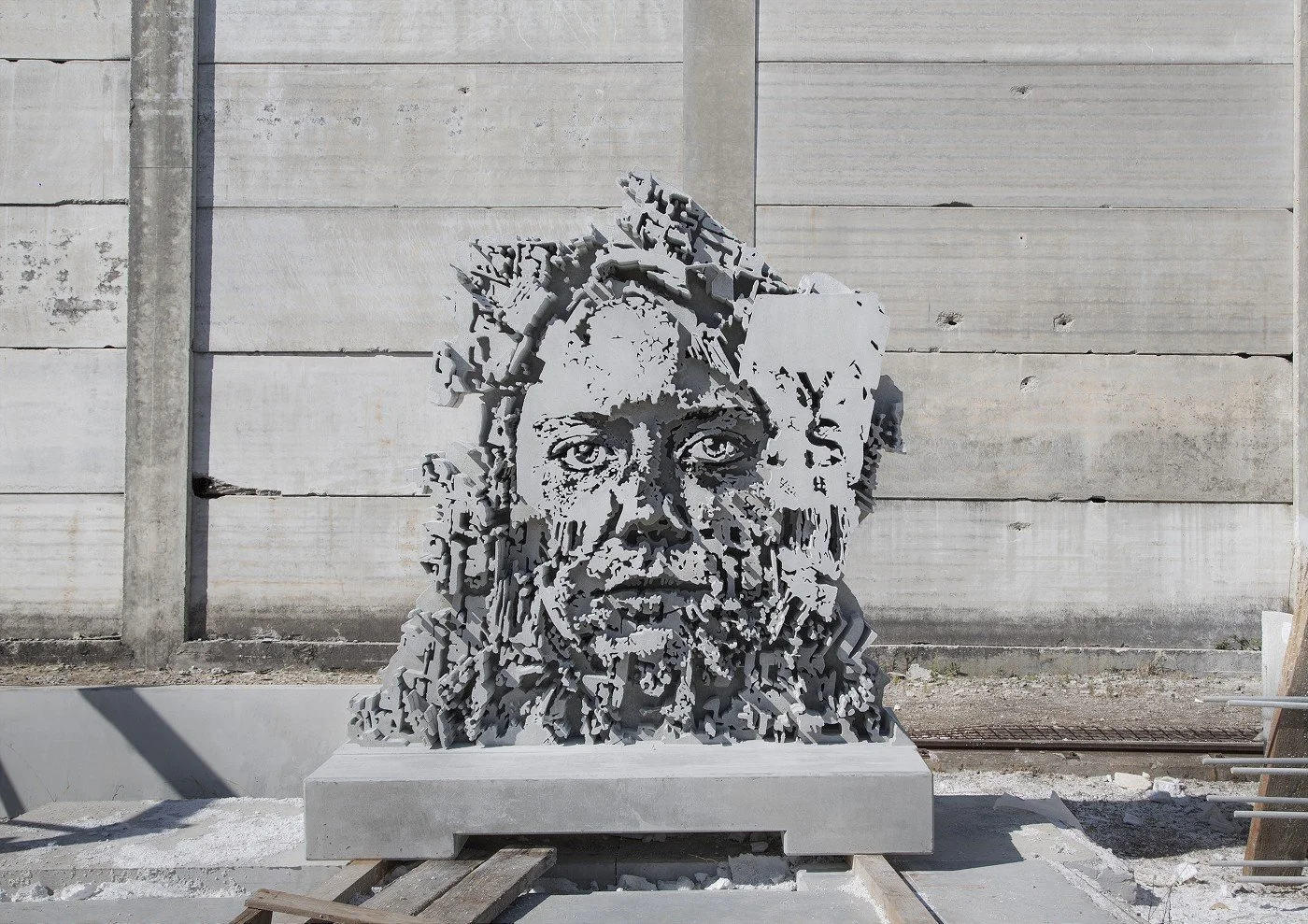 Concrete sculpture resembling a human face against a concrete wall.
