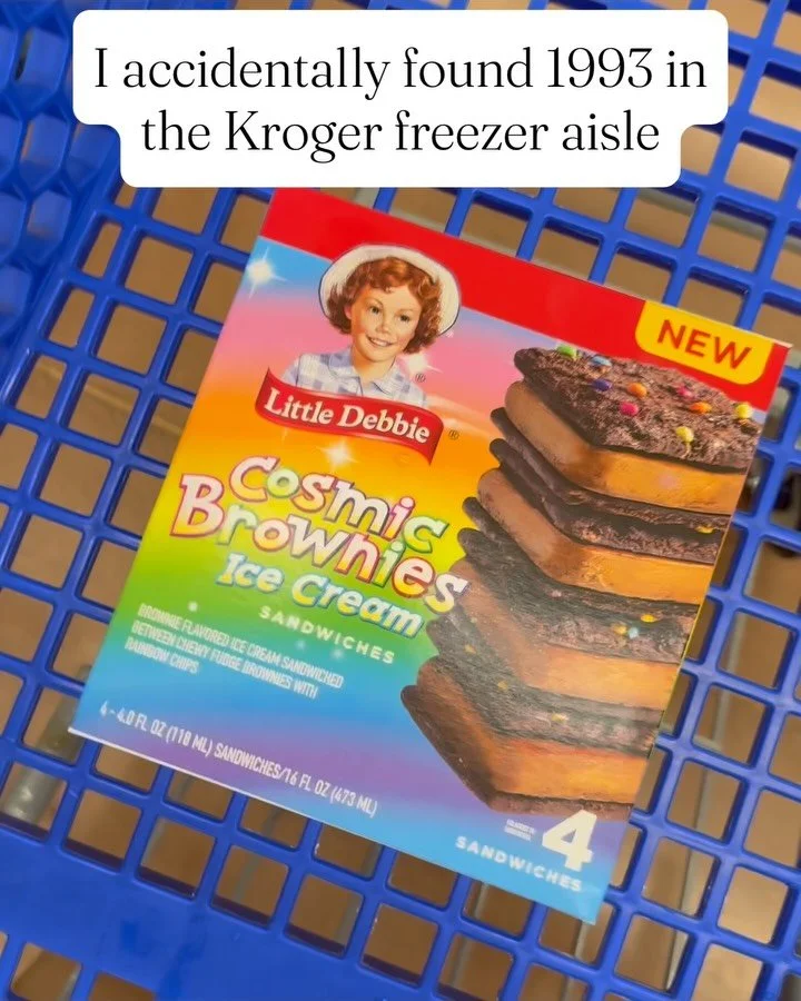 I went into Kroger for something entirely different and left with a piece of 1993 with me 💫

Because apparently Little Debbie Cosmic Brownies are ICE CREAM SANDWICHES now and there was absolutely no version of this story where I was walking past the