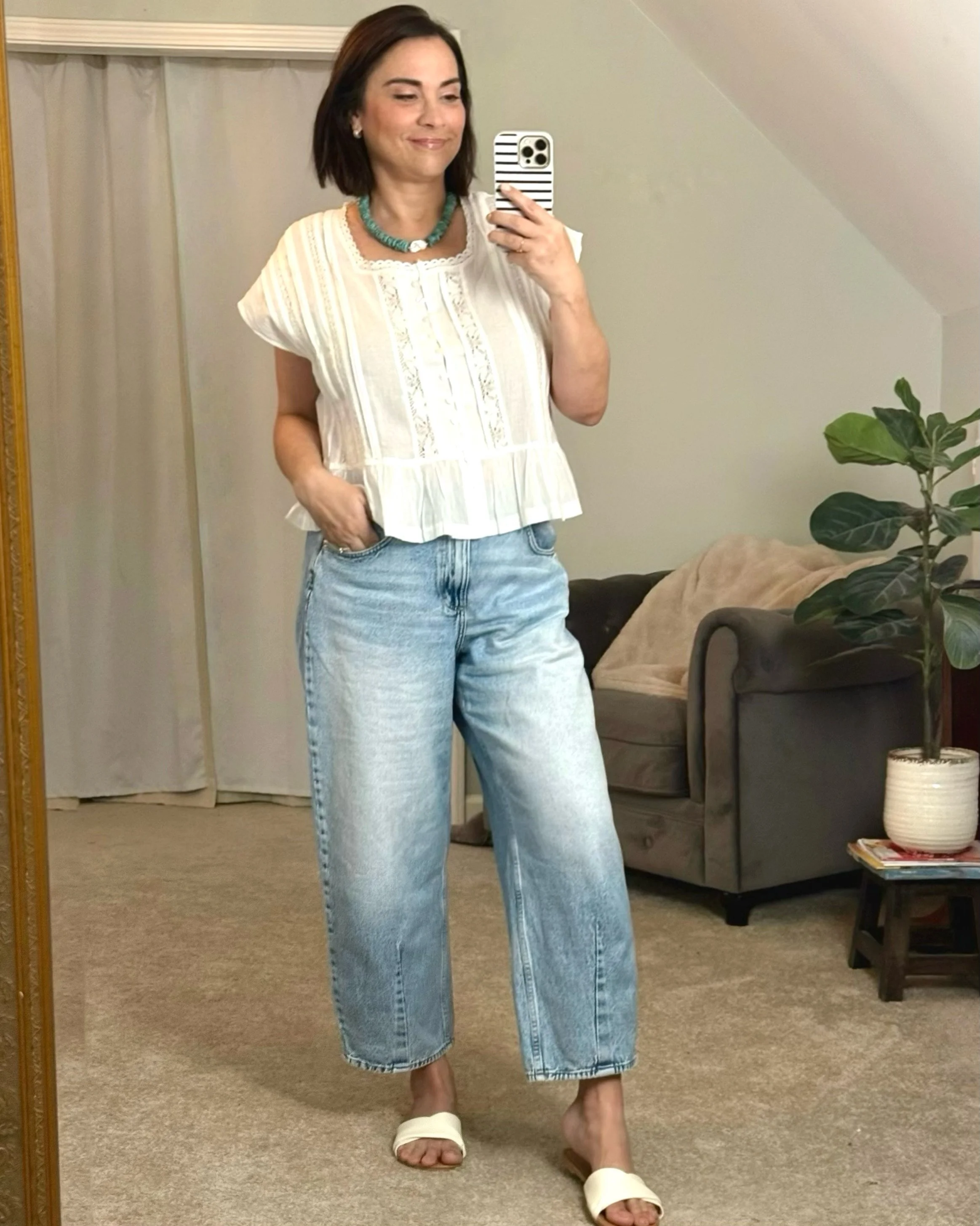 Hot, rainy weather here today called for this end-of-summer outfit with pieces I&rsquo;ll keep wearing straight into fall 🤍

This lightweight lace-trim top was an oh so pretty find and pairs perfectly with my favorite barrel jeans. I added simple, c