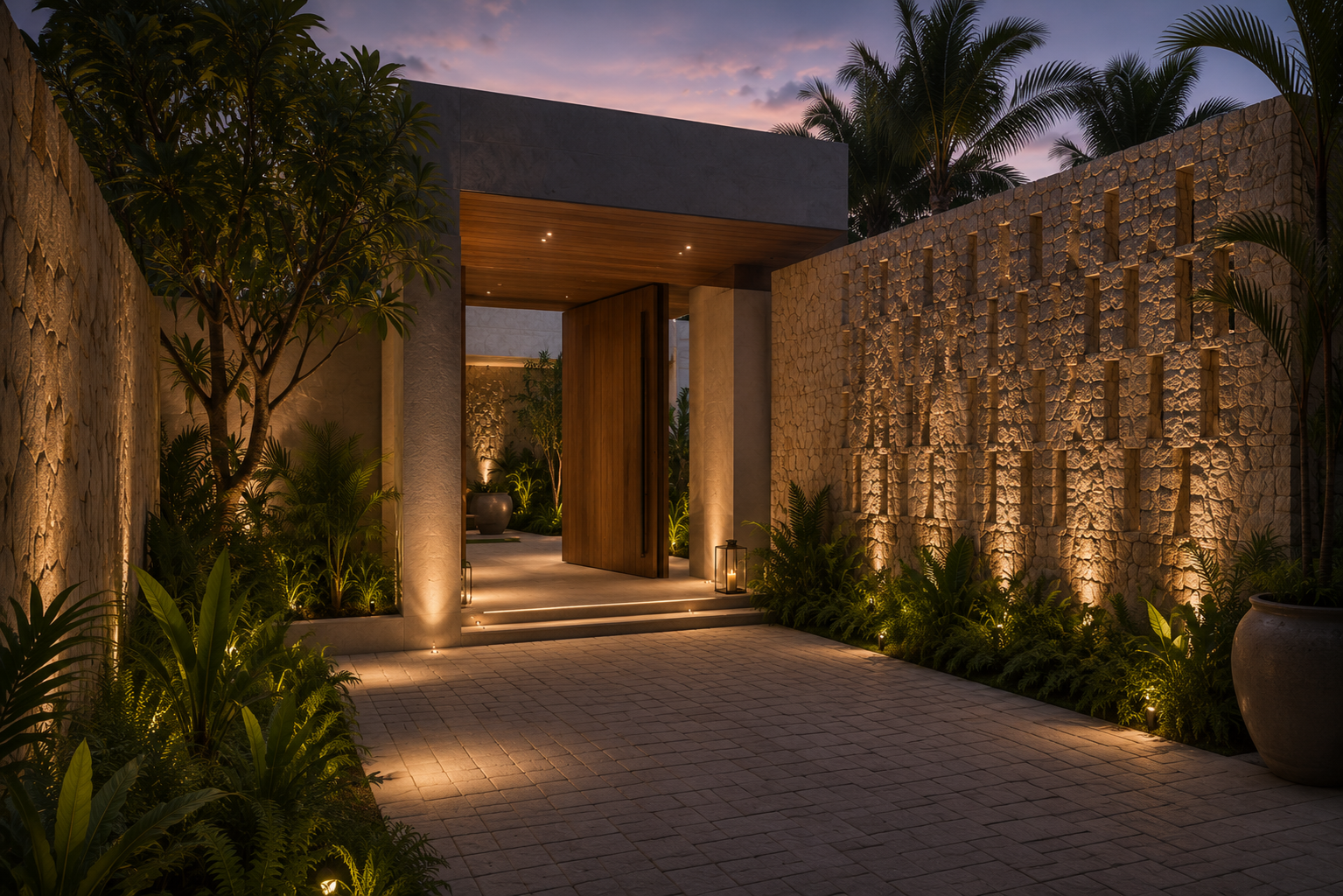 Arrival court of THE ESTATE. Stone walls and landscaped entry at dusk