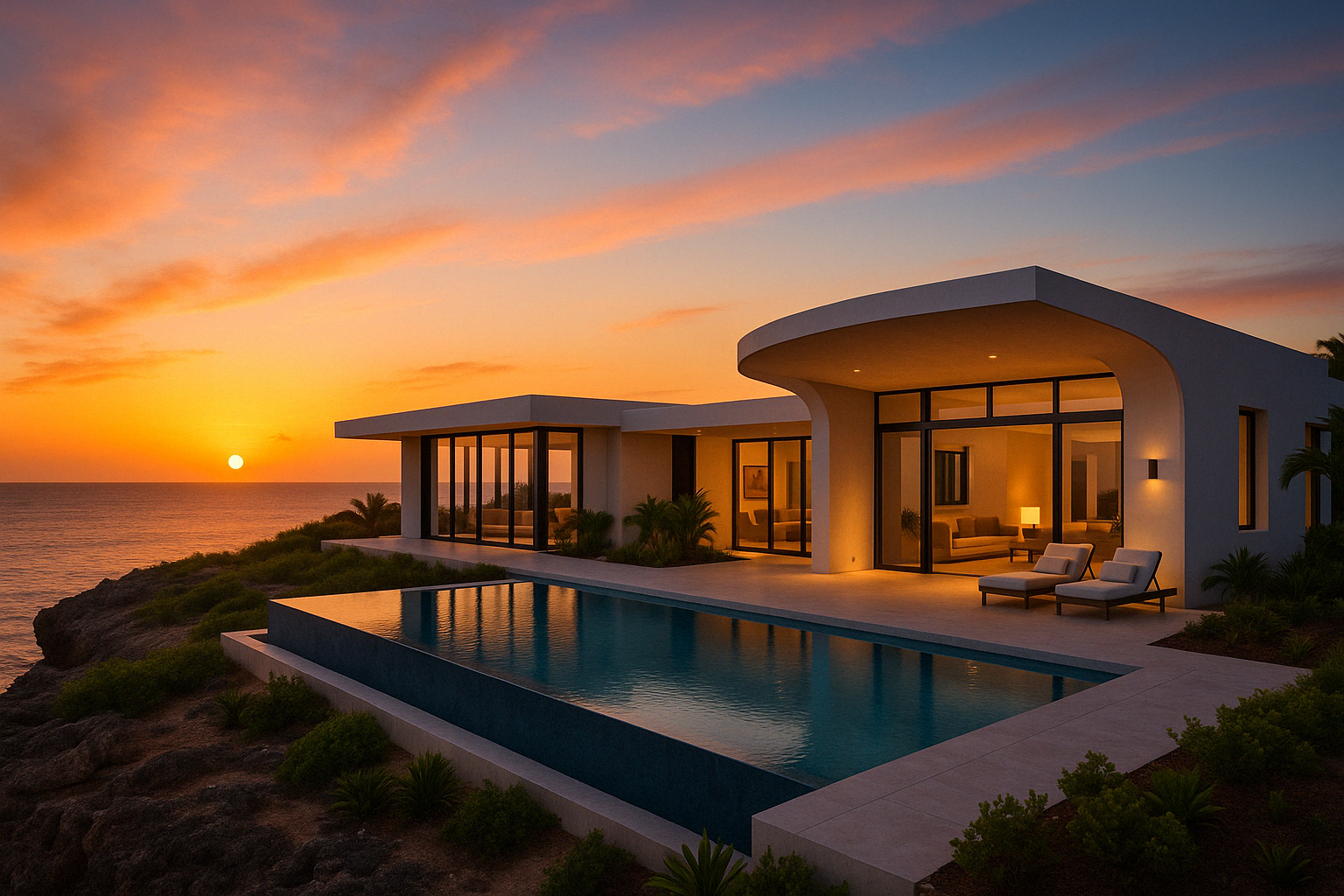 Modern house on the coast during sunset with an infinity pool, outdoor lounge chairs, and large glass windows showing the lit interior.