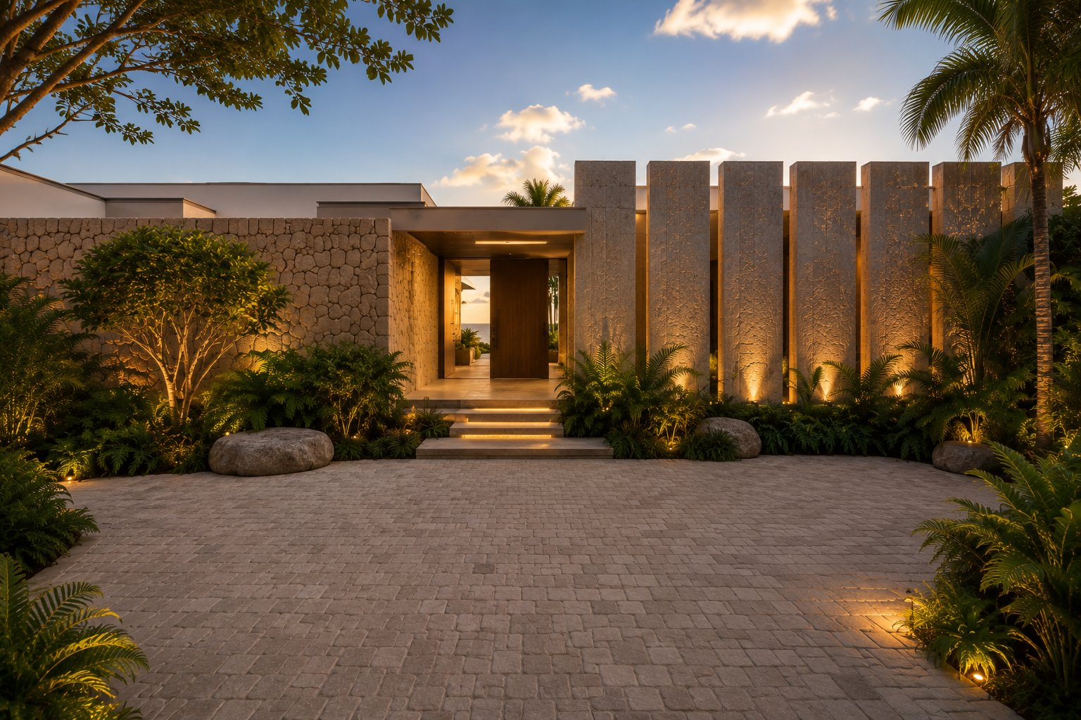 Arrival court of THE RESIDENCE at dusk — stone gate piers, sculptural planting and warm threshold lighting