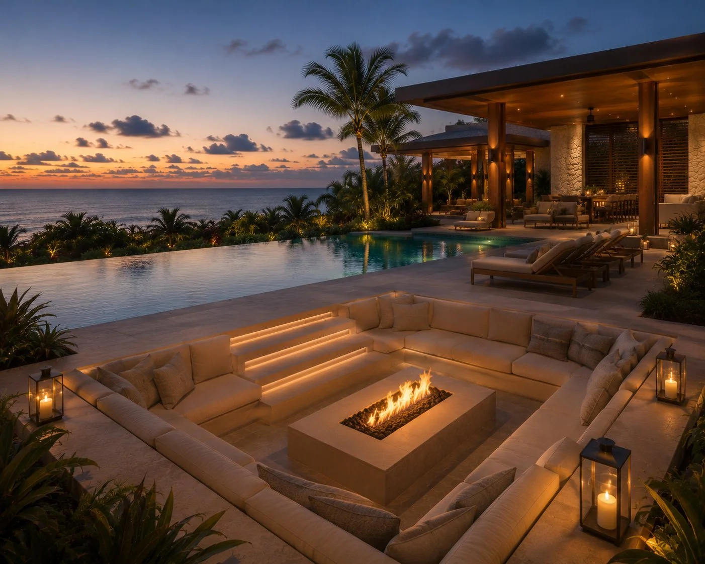 Sunken fire lounge at dusk overlooking the sea - THE SANCTUARY, Anguilla