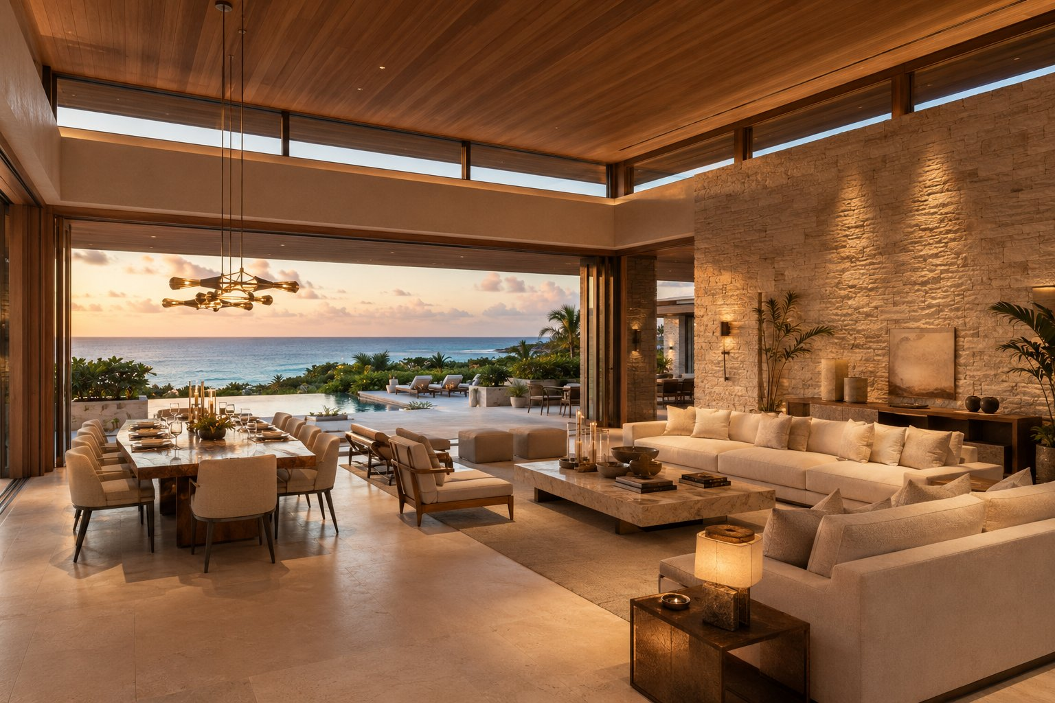 Great room with fourteen-foot ceilings and a wall of glass to the terrace