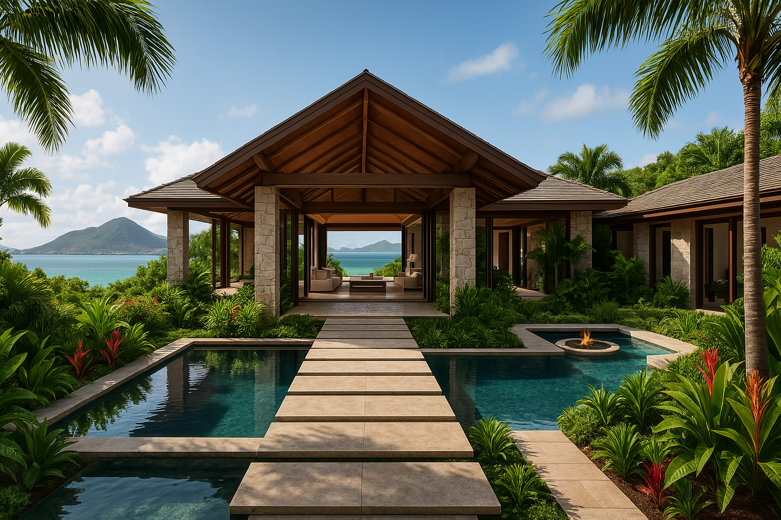 Luxury tropical villa with a pool, palm trees, and ocean view, featuring modern architecture and lush gardens.