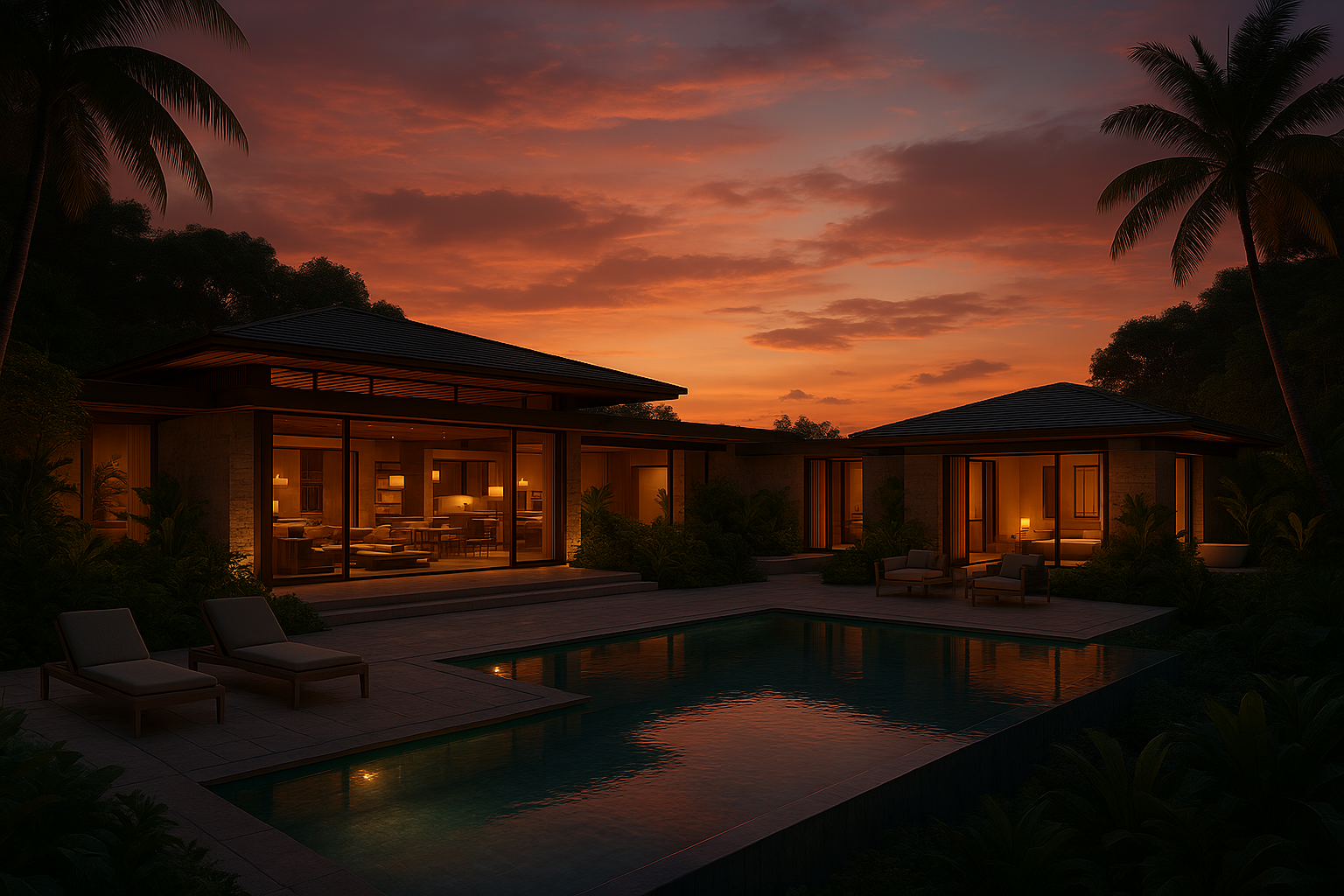 Luxury villa at sunset with illuminated rooms and outdoor pool