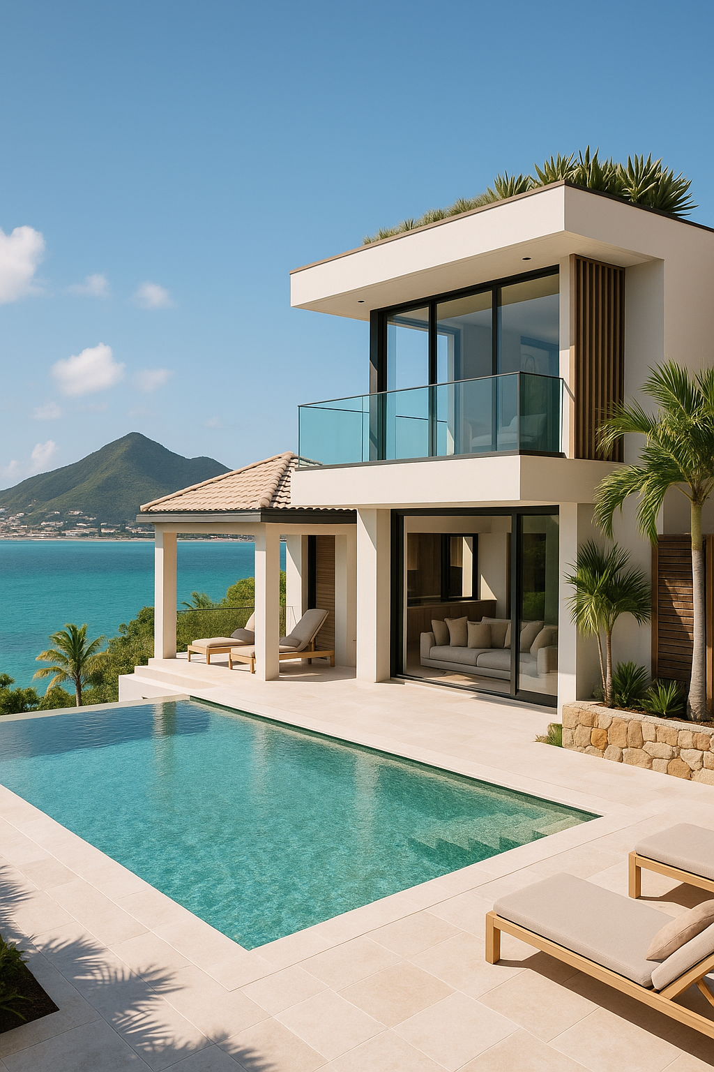 Modern white house with large glass windows and balcony, overlooking a pool with a view of a turquoise ocean and green mountains in the background, sunny sky.