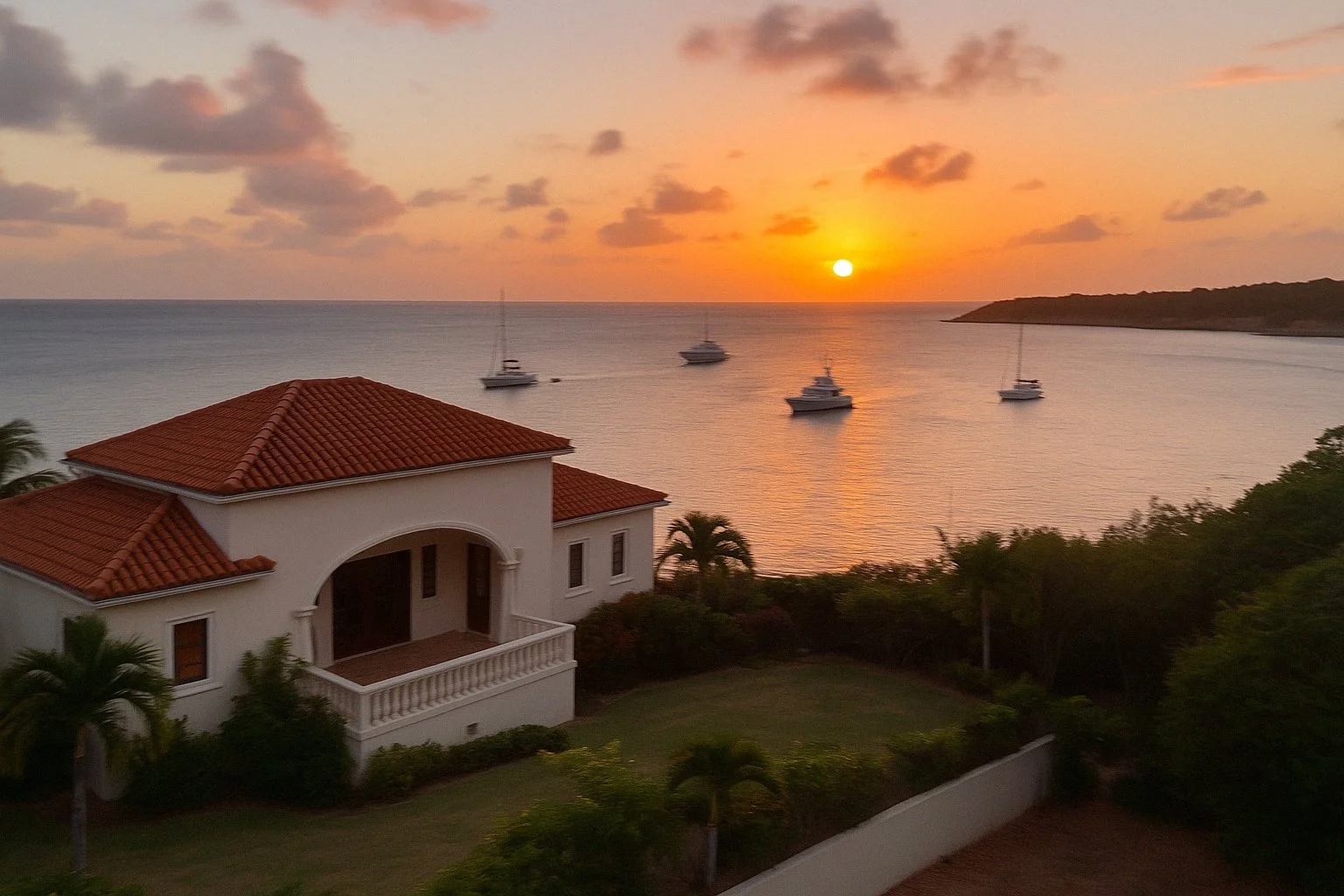 A Anguilla sunset over the ocean with four boats anchored near the shoreline. A white house with a red-tiled roof is in the foreground, surrounded by green trees and a lawn.