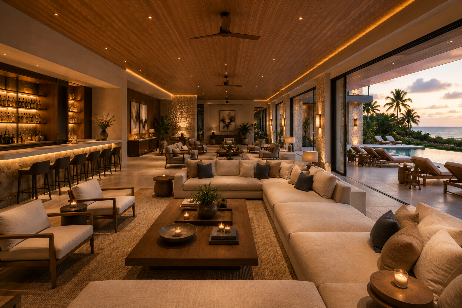 Grand salon of THE FOUNDER — double-height reception room with stone bar and sea view