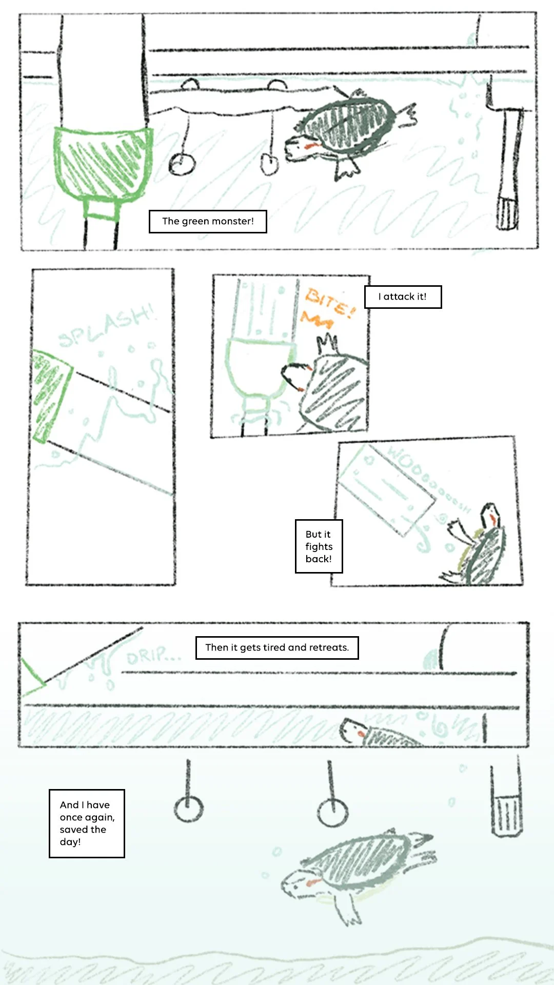 A hand-drawn comic strip featuring a fish tank with a fish and a green monster. The fish is attacked, fights back, and retreats, with the water splashing and bubbles. The comic ends with the fish swimming away and feeling victorious.